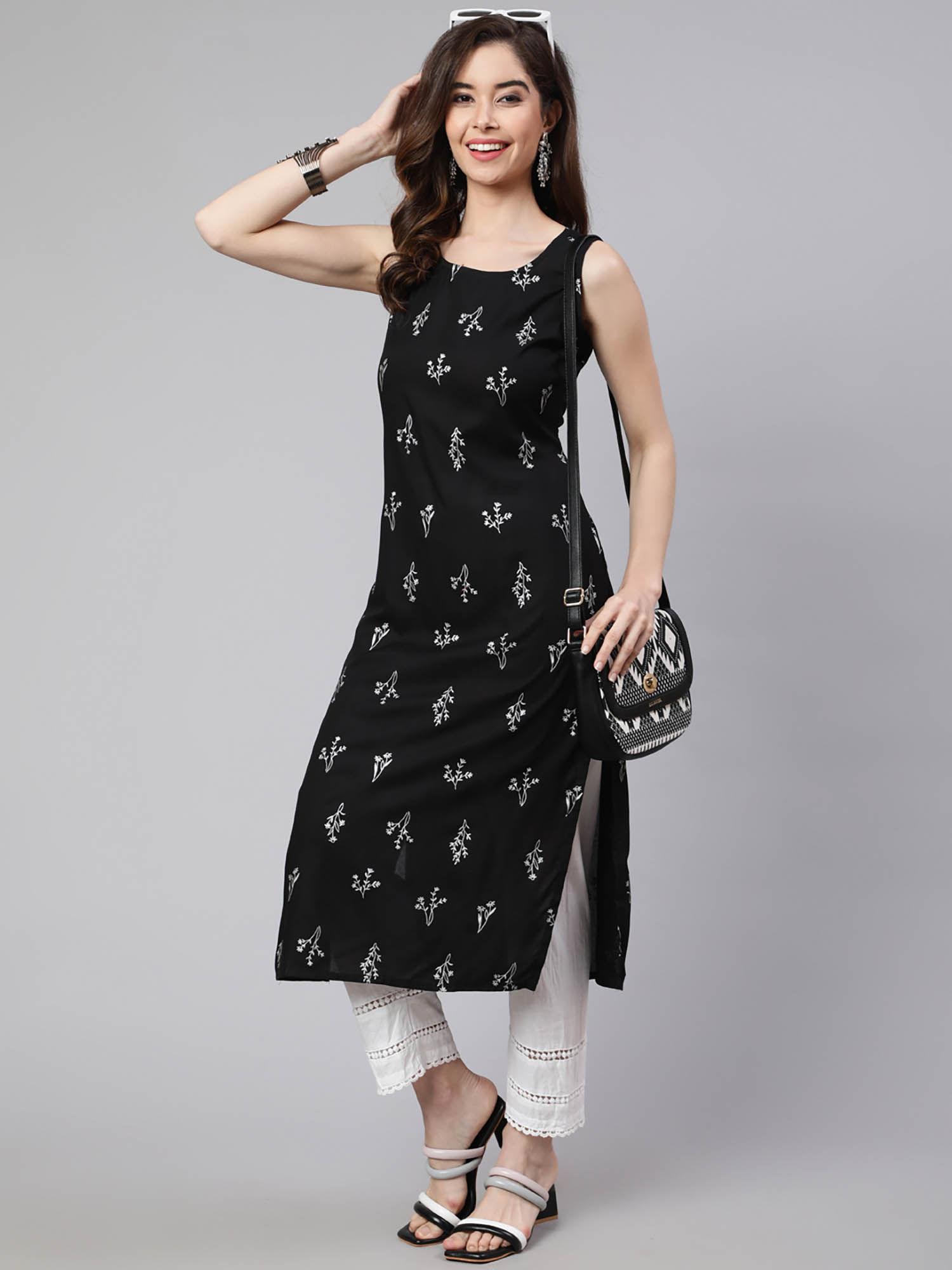 women black rayon floral printed round neck kurta