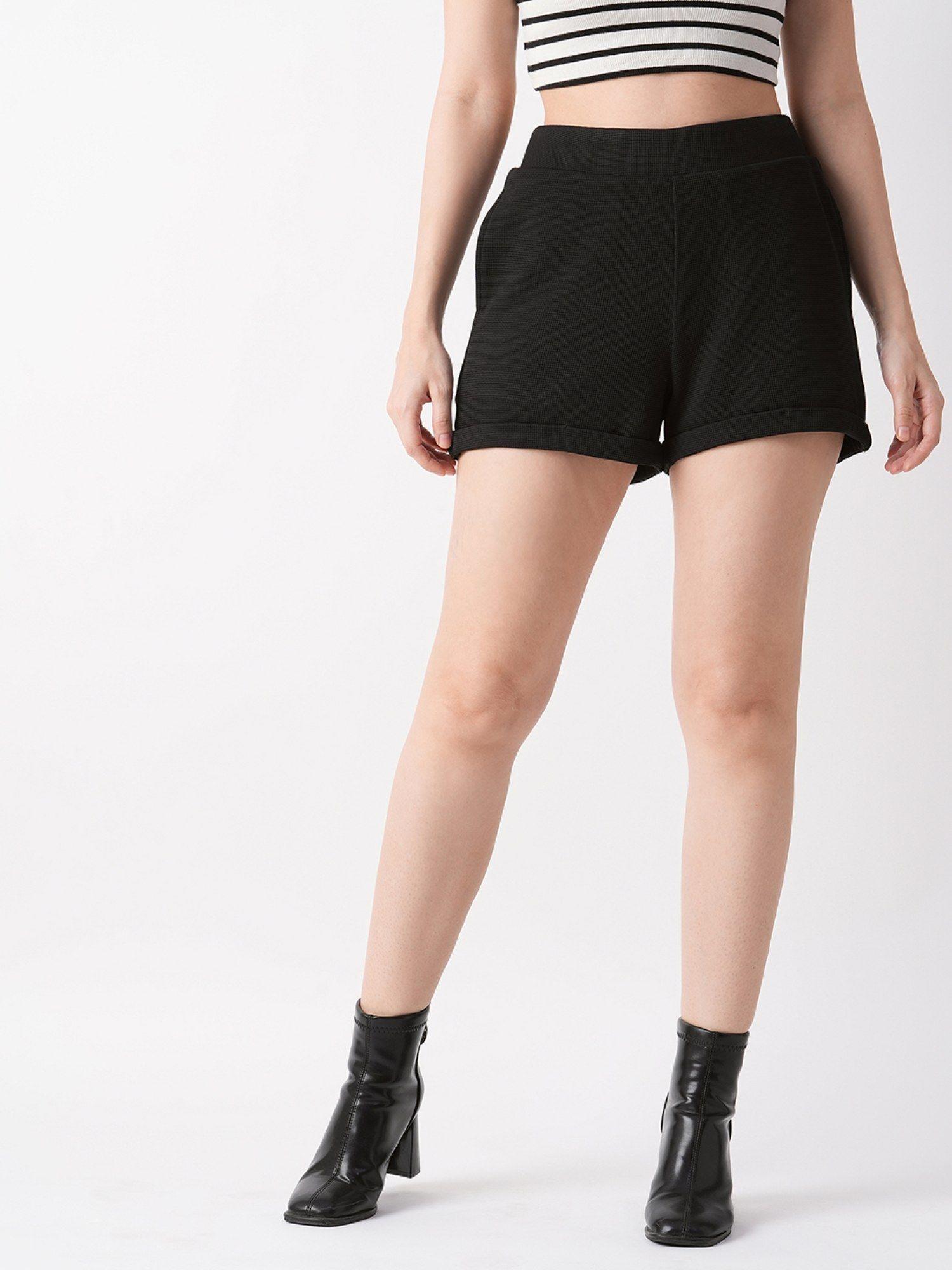 women black rayon normal fit solid shorts