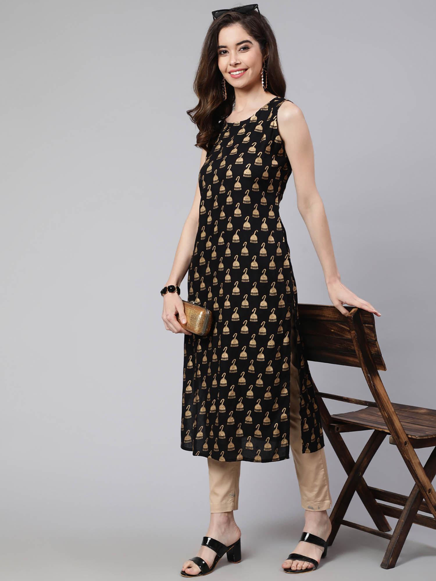 women black rayon printed sleeveless calf length straight kurta