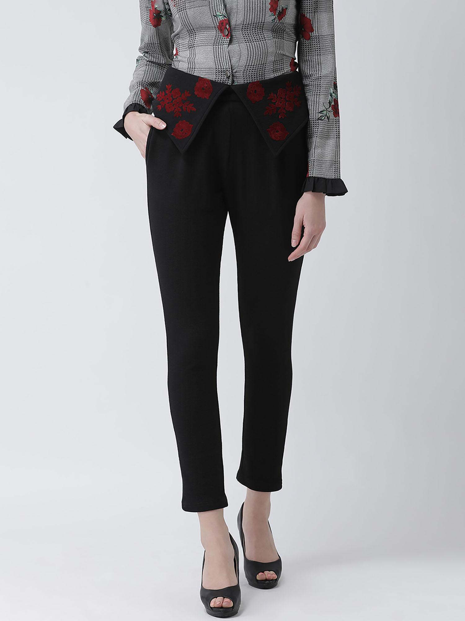 women black regular fit embroidered straight mid waist pant