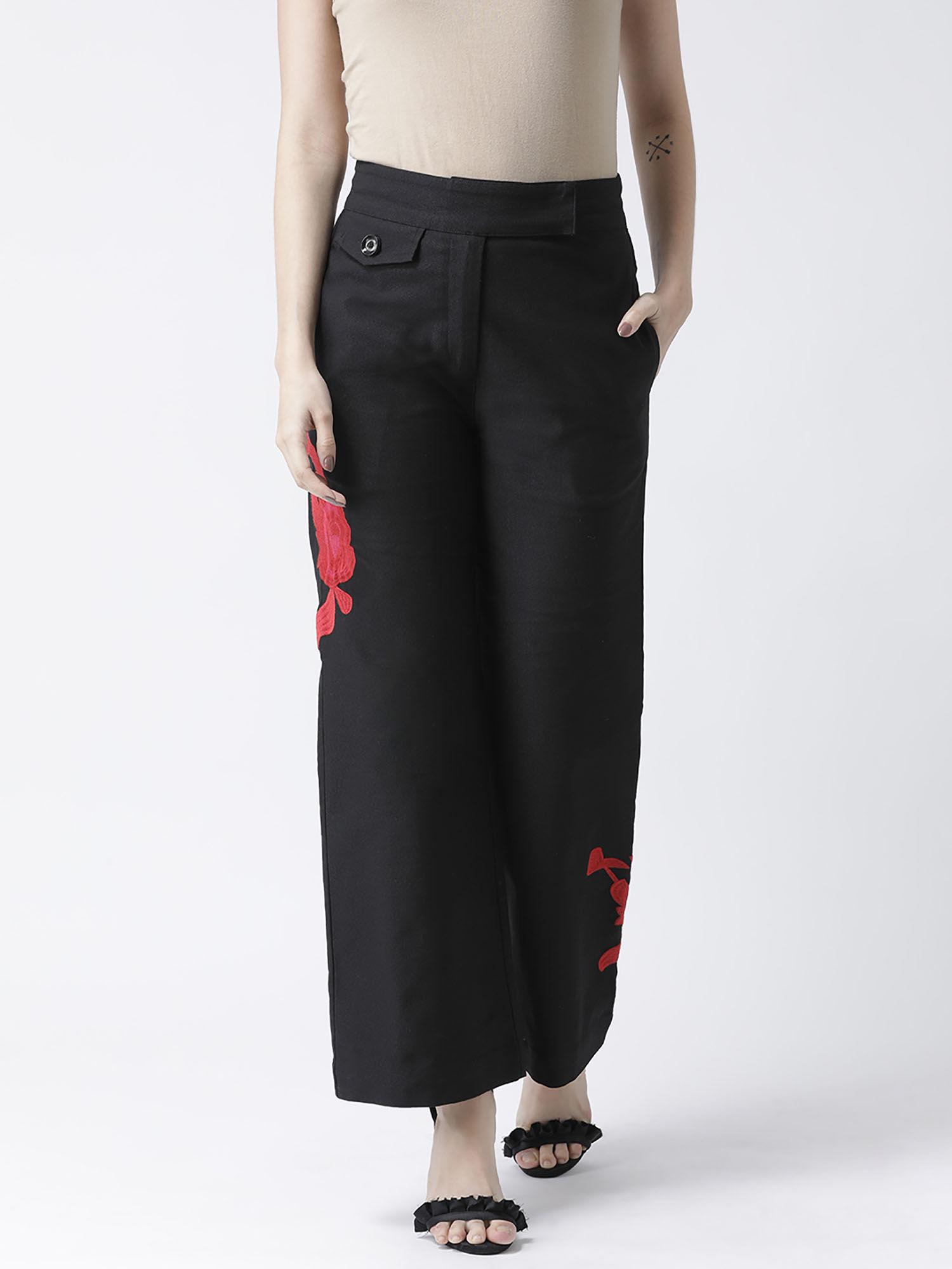 women black regular fit embroidered wide mid waist pant