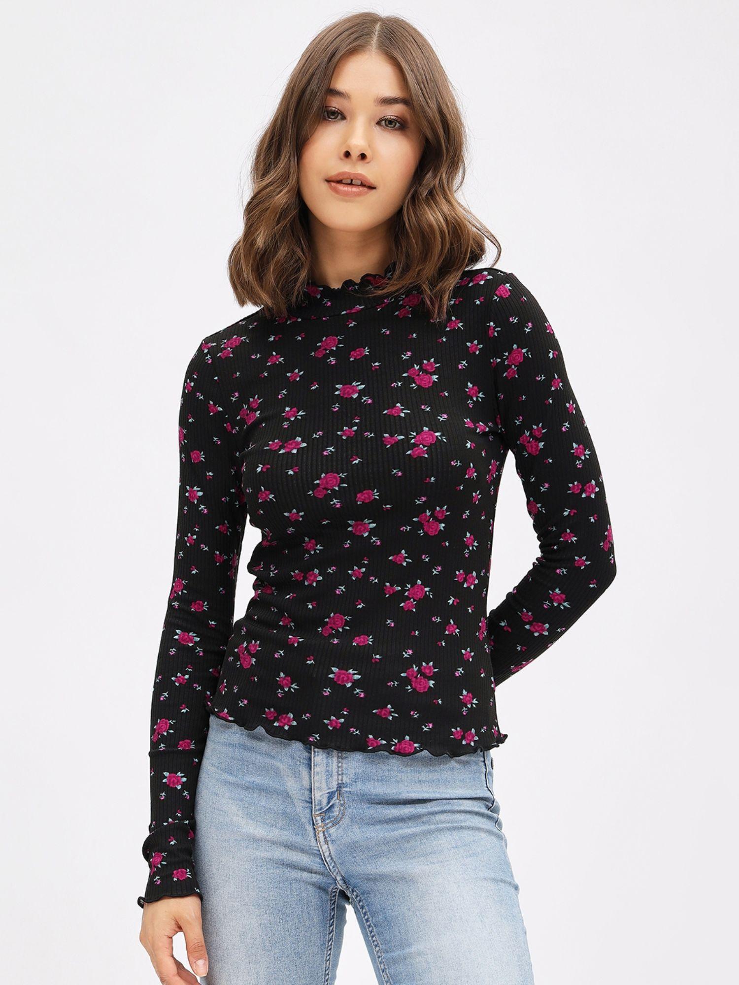 women black regular fit floral printed ruffled neck full sleeves top