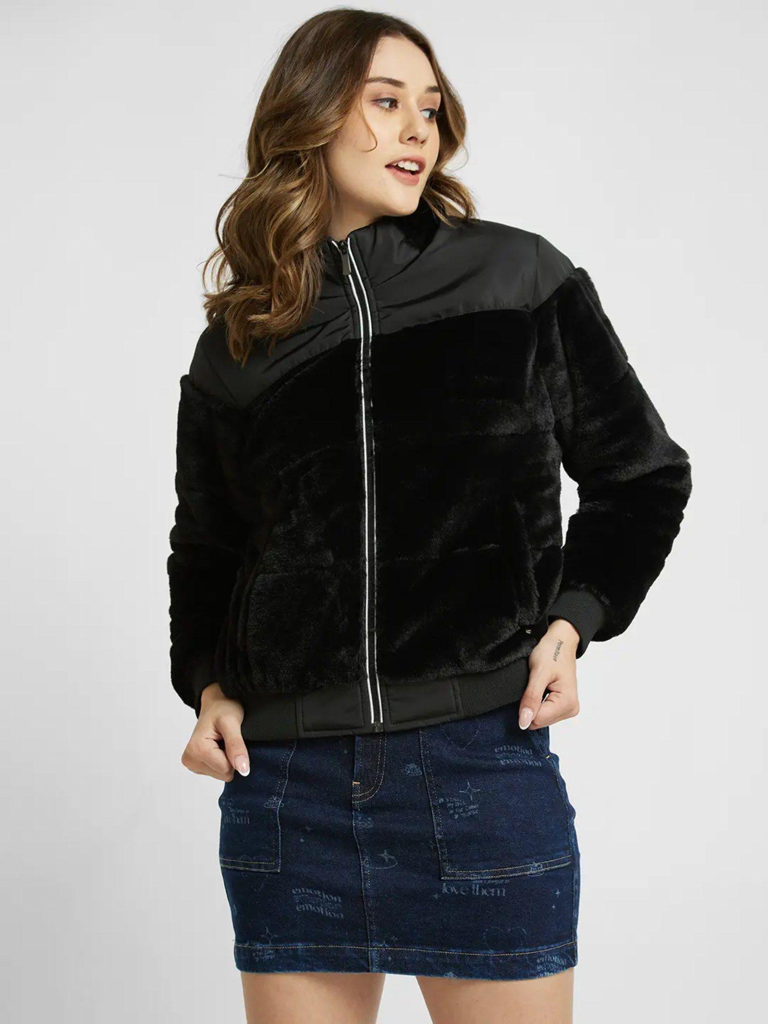 women black regular fit high neck plain jacket