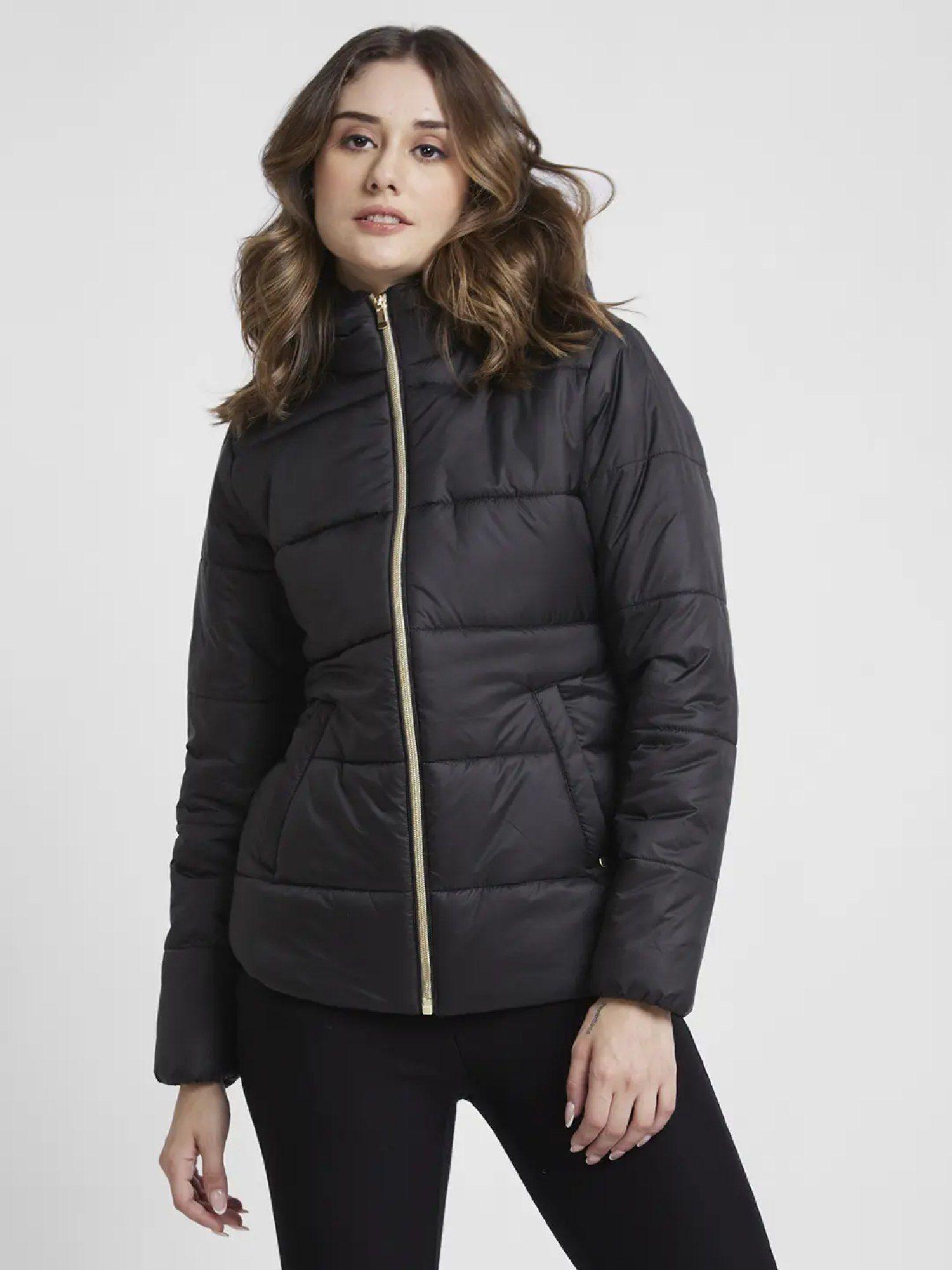 women black regular fit hooded plain jacket