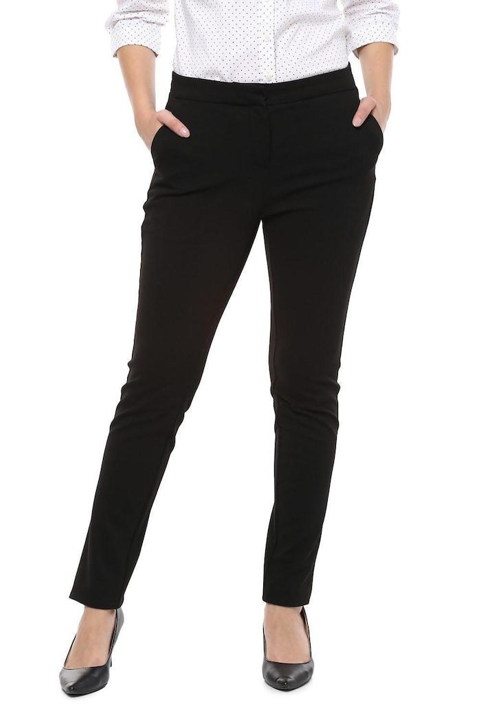 women black regular fit solid casual trousers