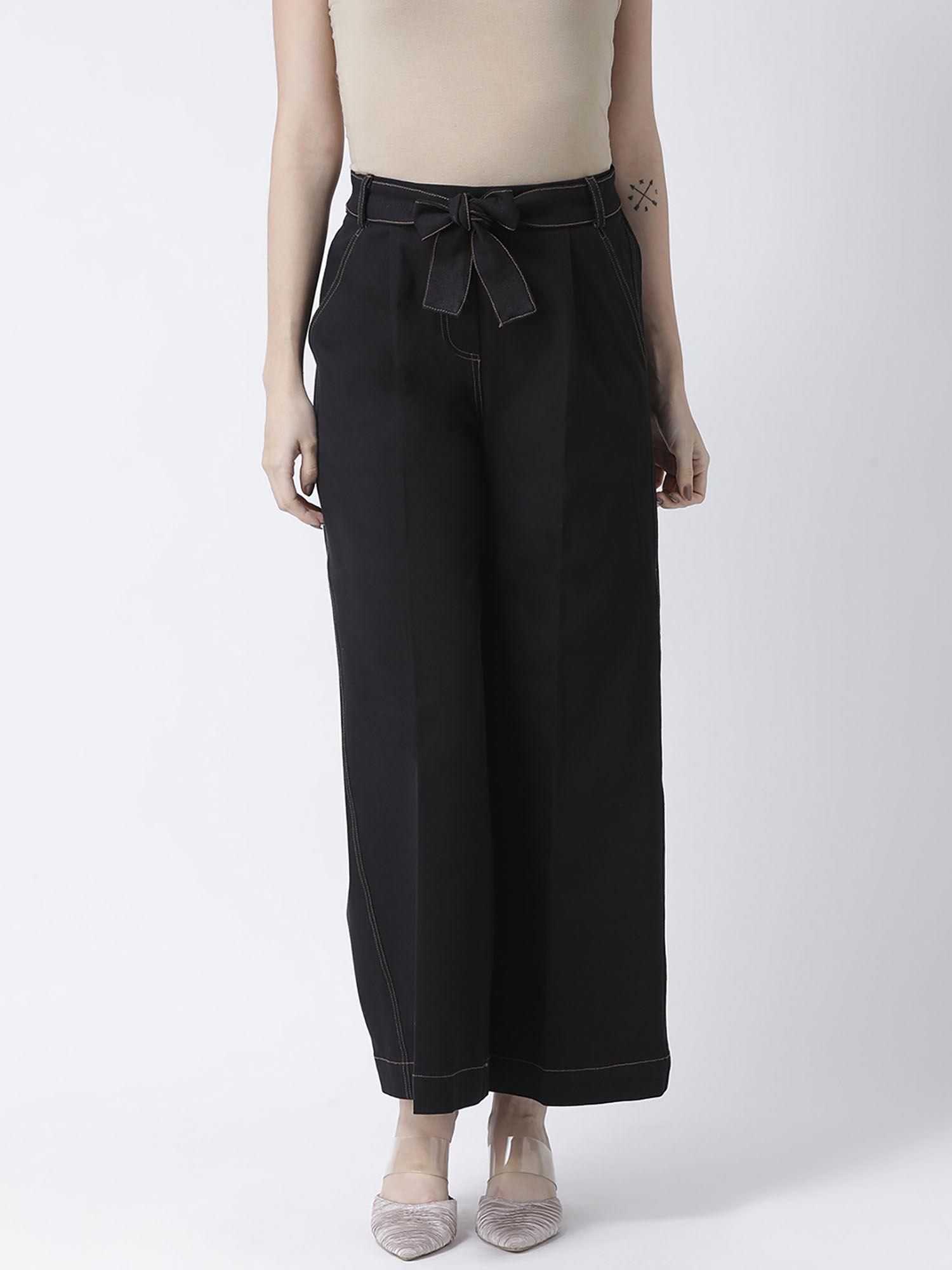 women black regular fit solid flared mid waist pant