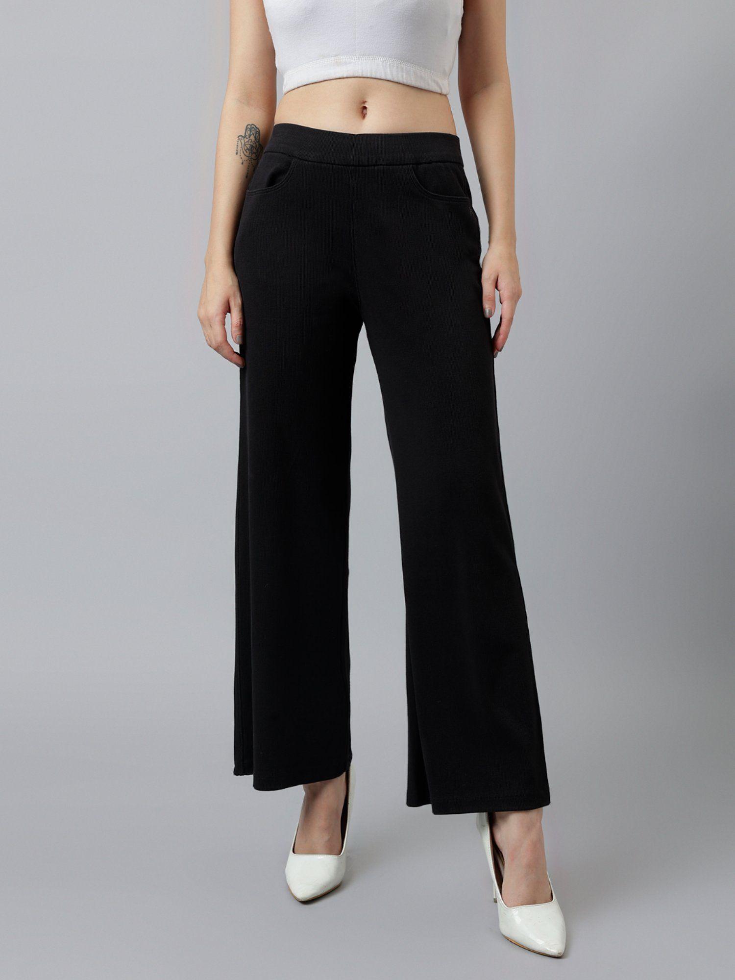 women black ribbed wide leg high rise trouser