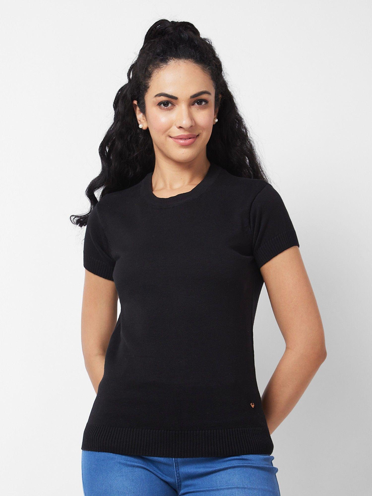 women black round neck flat knit t-shirt