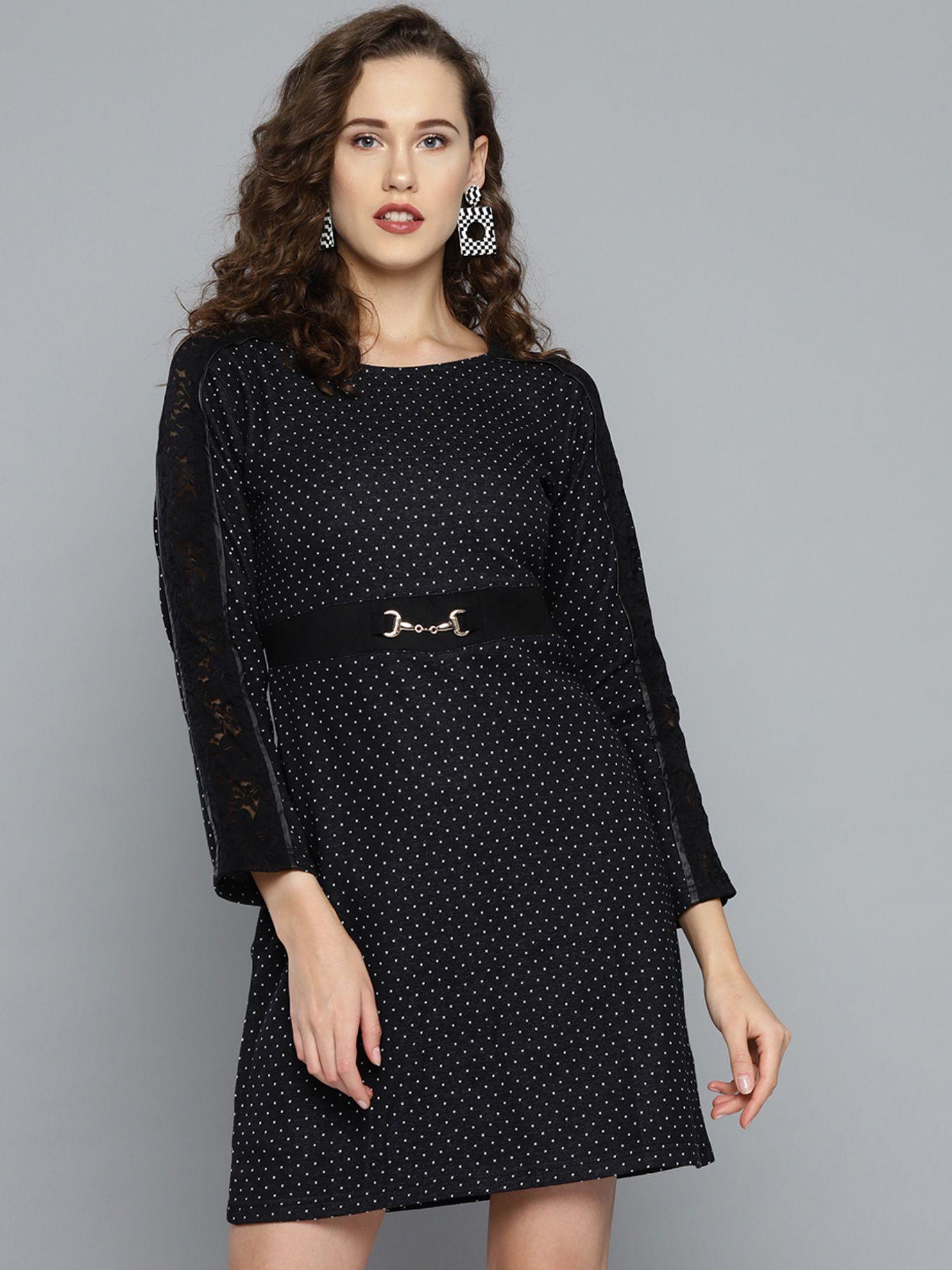 women black round neck polka dots mini dress