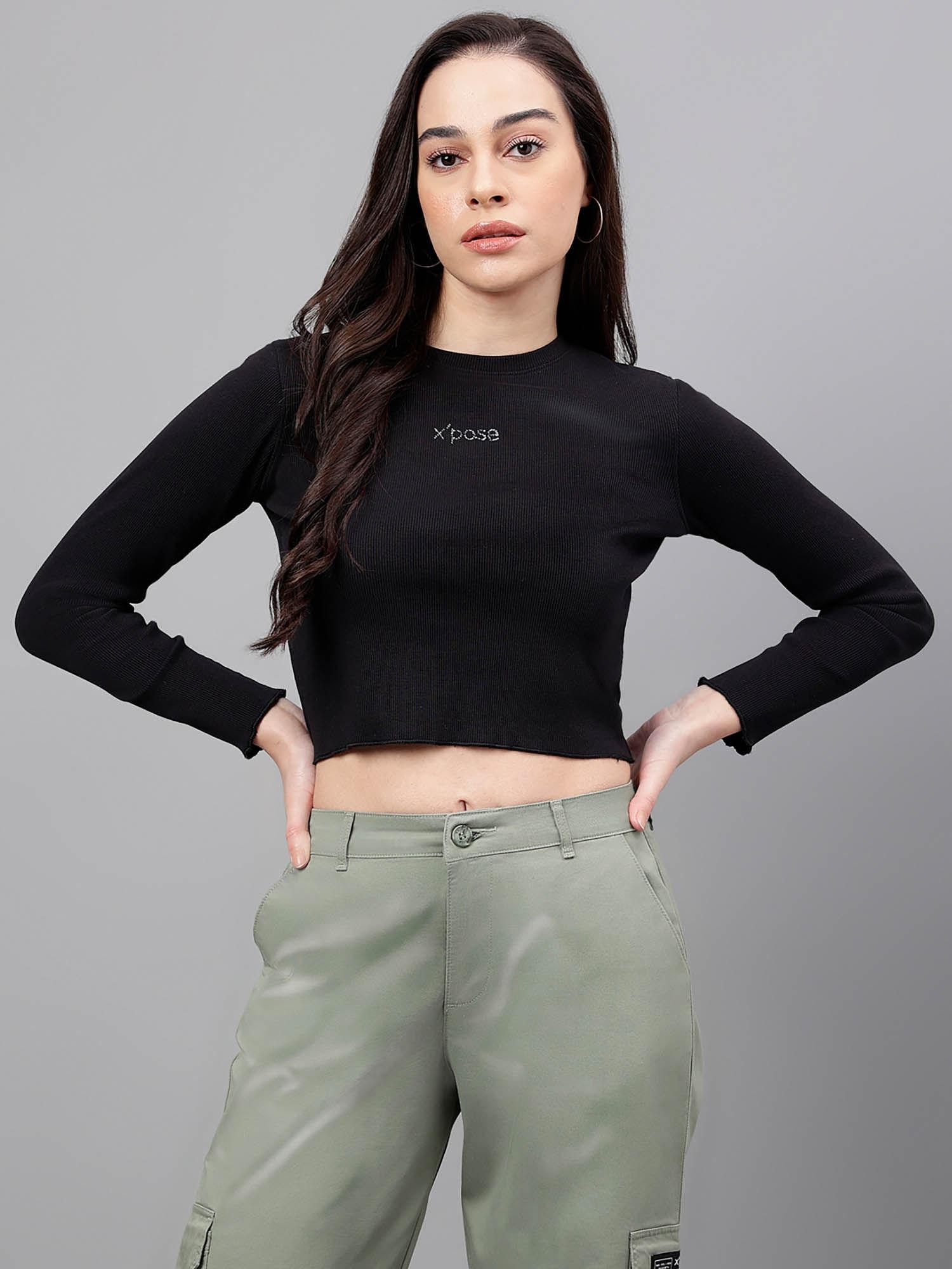 women black round neck ribbed fitted crop top