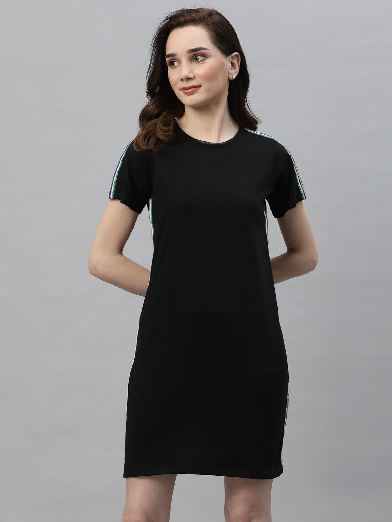 women black round neck side tape dress