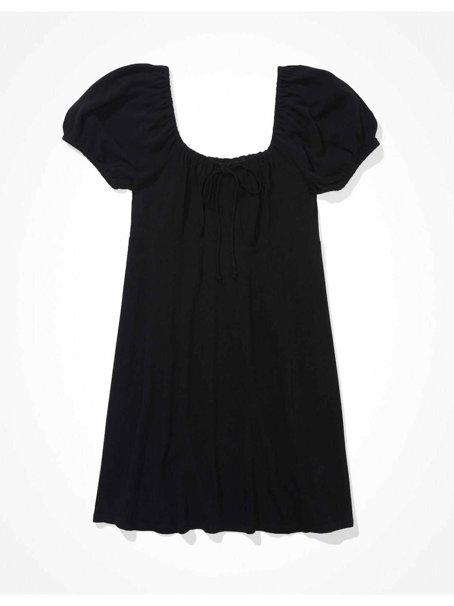 women black ruched puff-sleeve mini dress