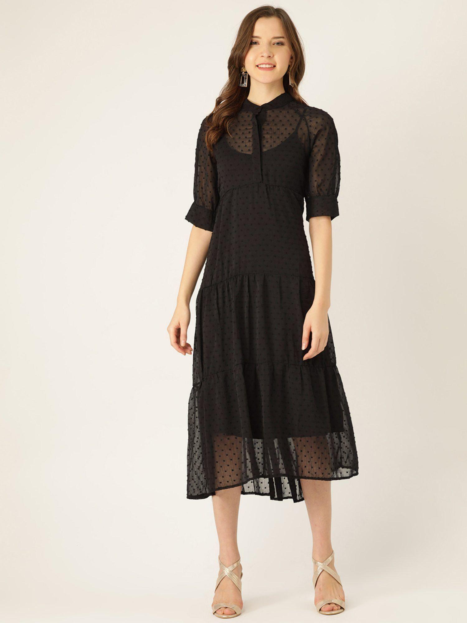 women black self design a-line dress