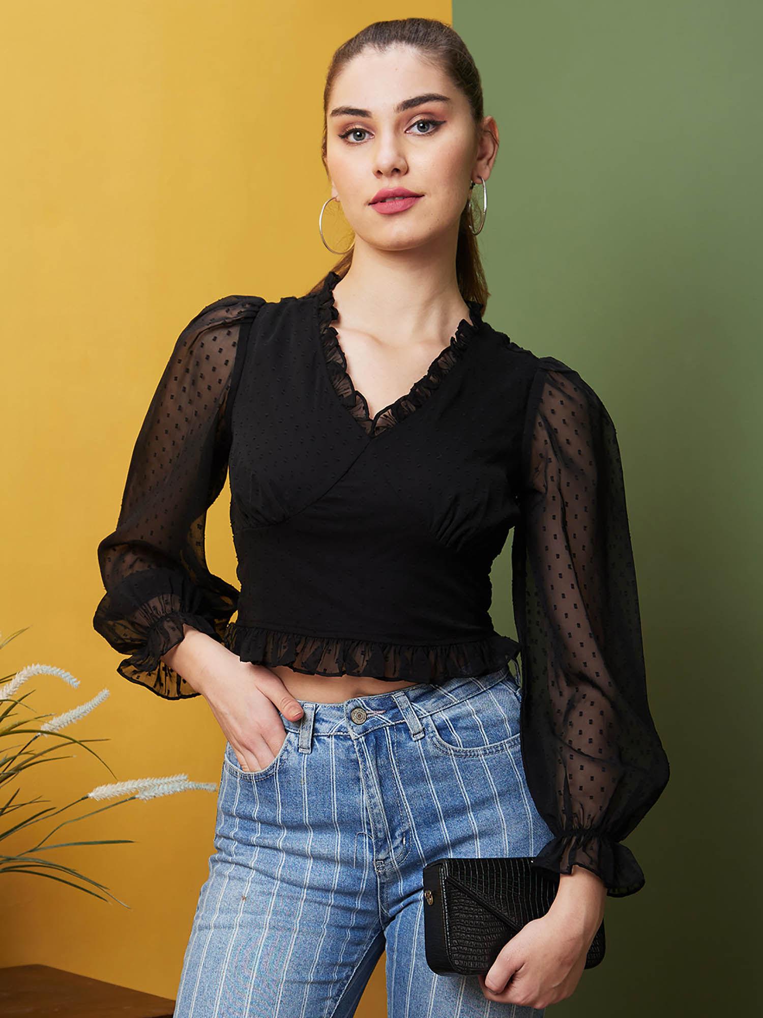 women black self design casual v-neck crop top