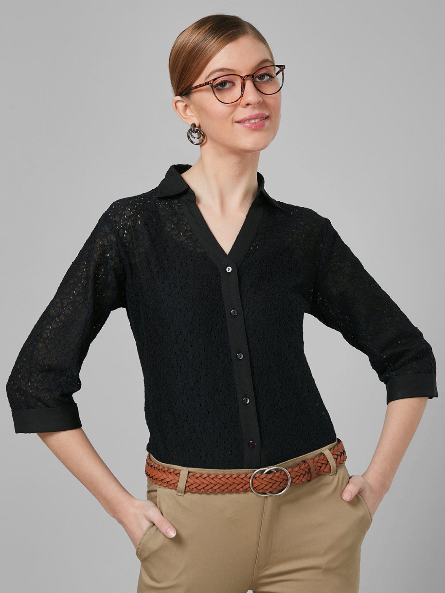 women black self design cotton regular smart casual shirt