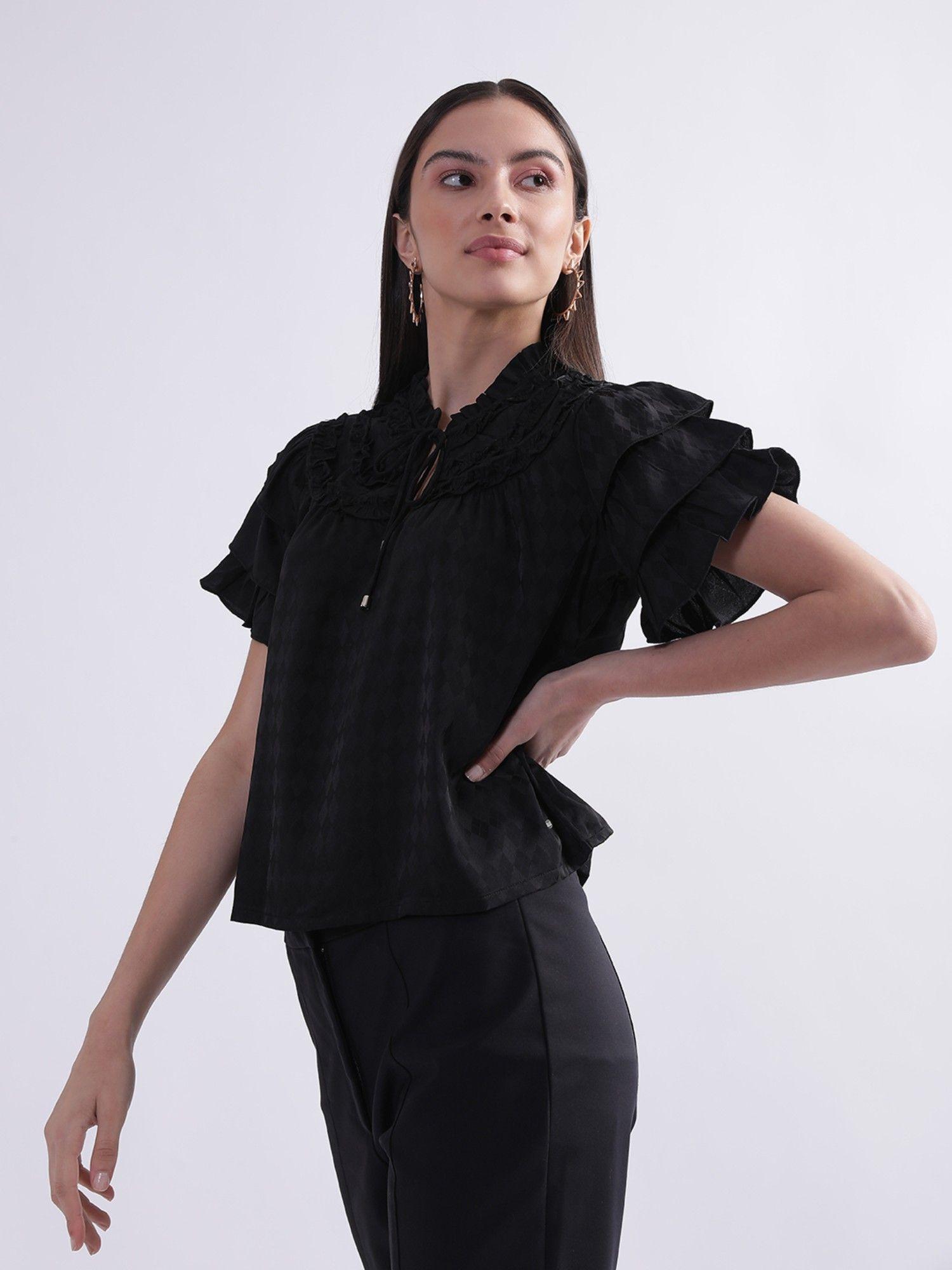 women black self-design tie-up collar top