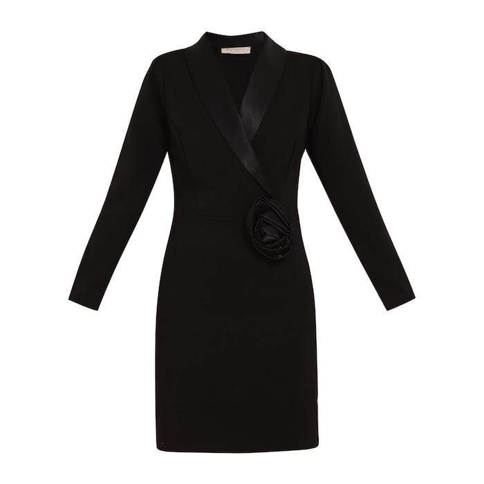 women black sheath dress with rose detail