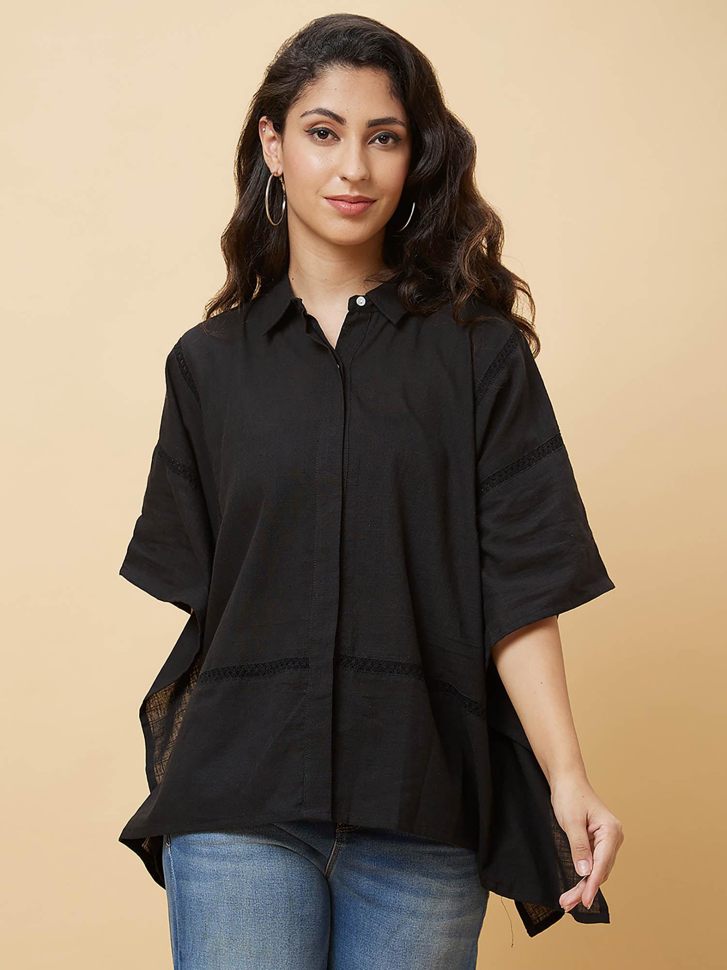 women black shirt collar lace inserts asymmetric hem kaftan tunic