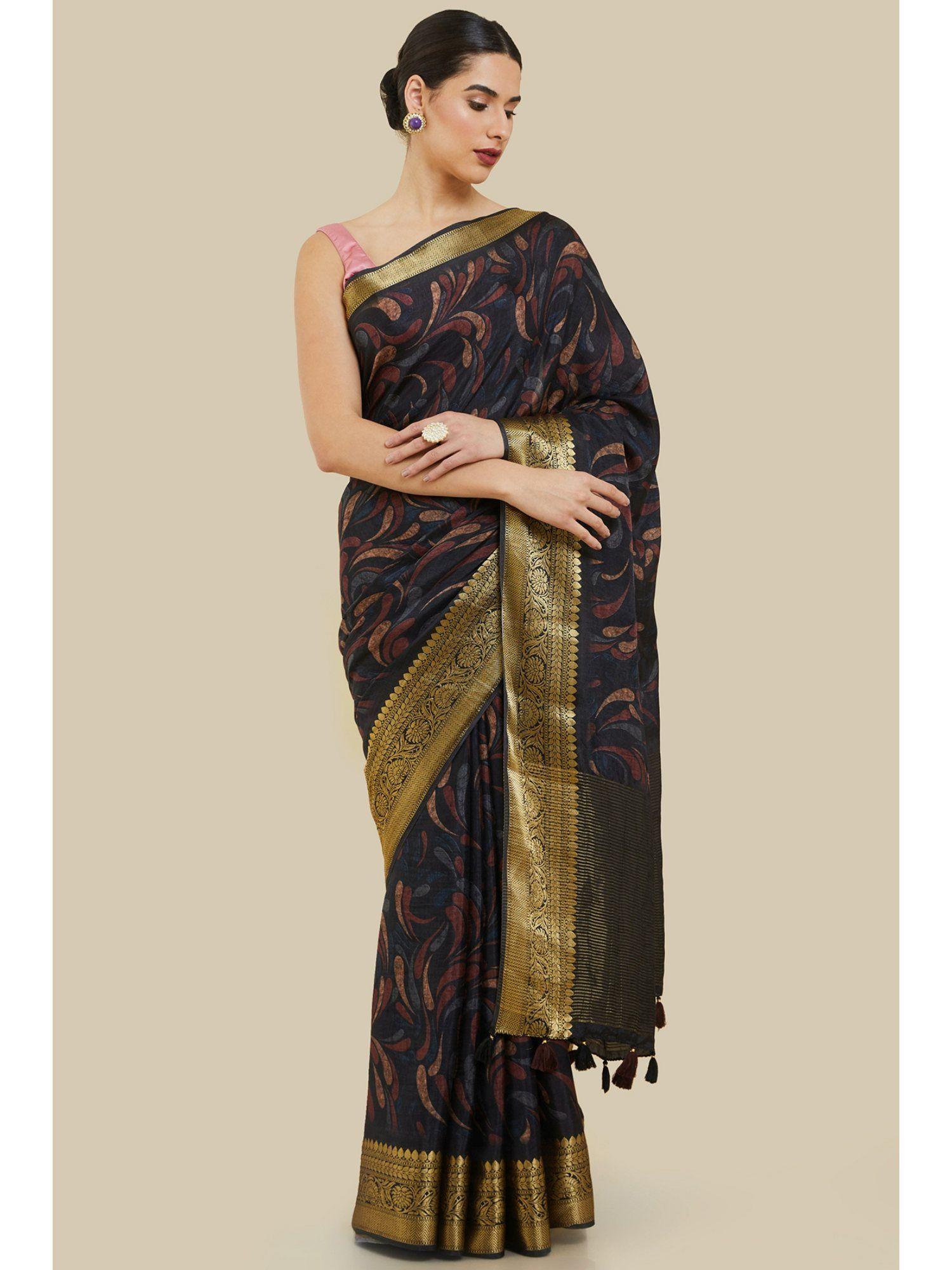 women black silk printed saree with unstitched blouse