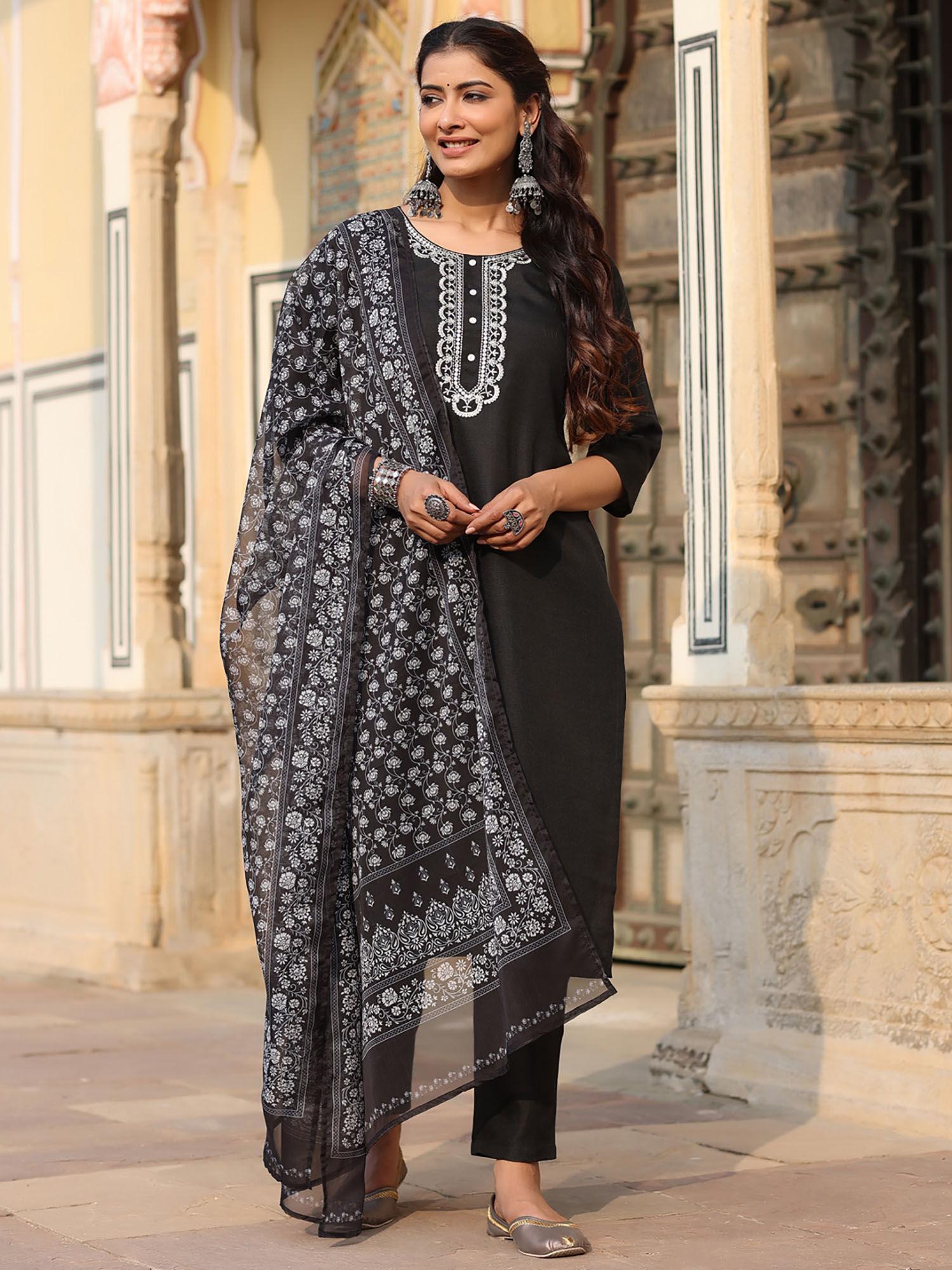 women black silk solid embroidered kurta (set of 3)