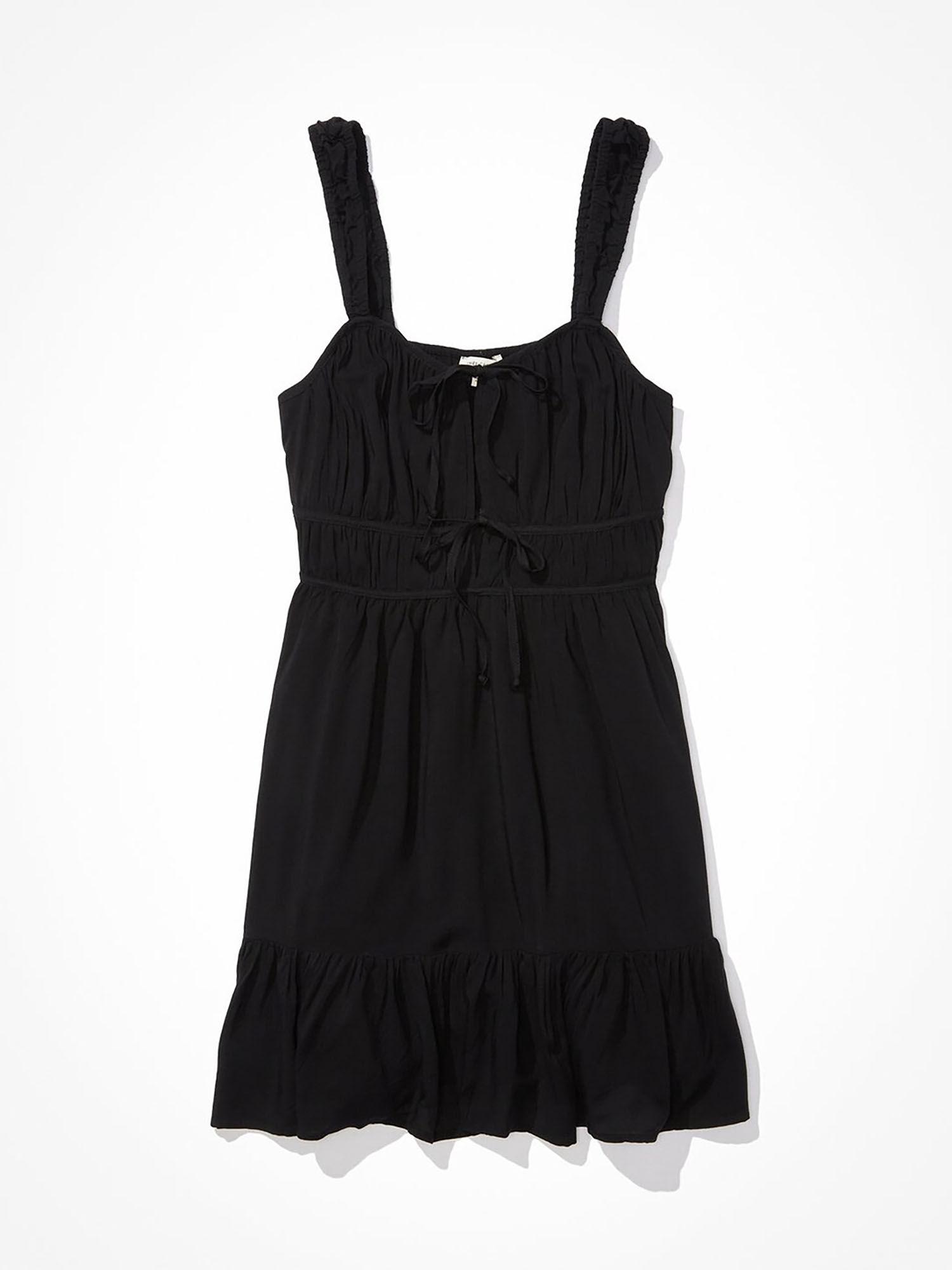 women black silky tie-front mini dress