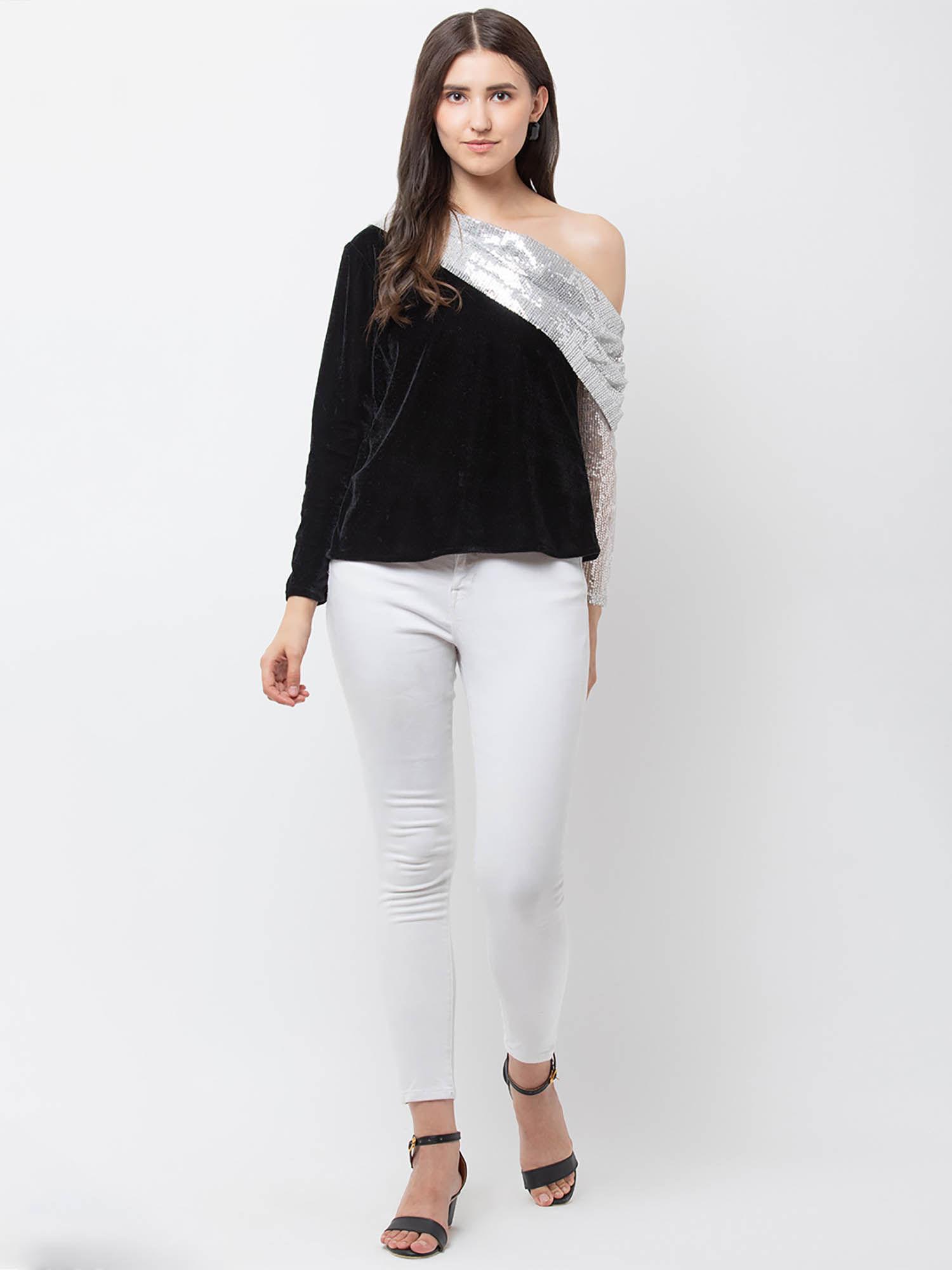 women black silver velvet-finish embellished top