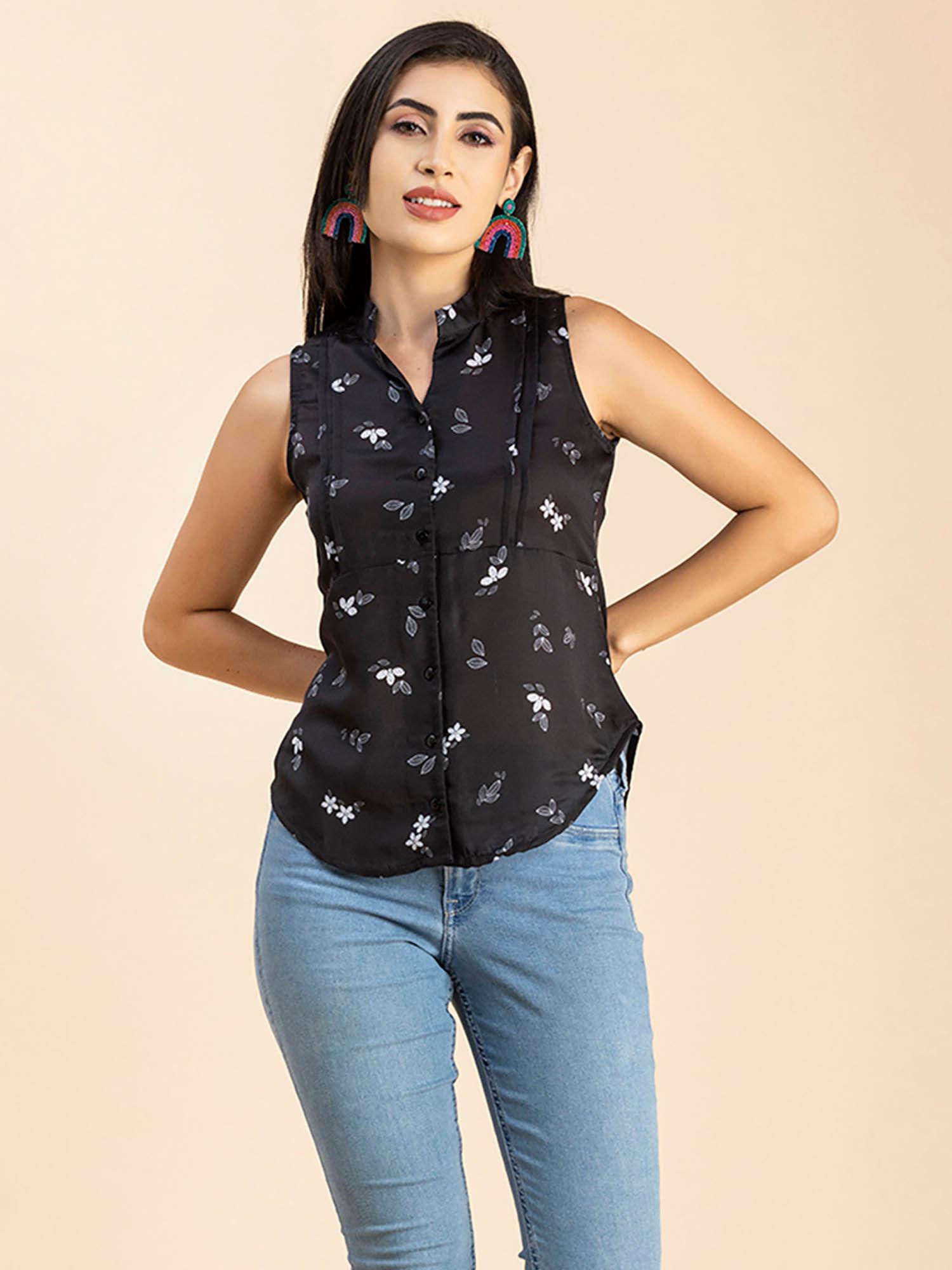 women black sleeveless mandarin collar shirt top