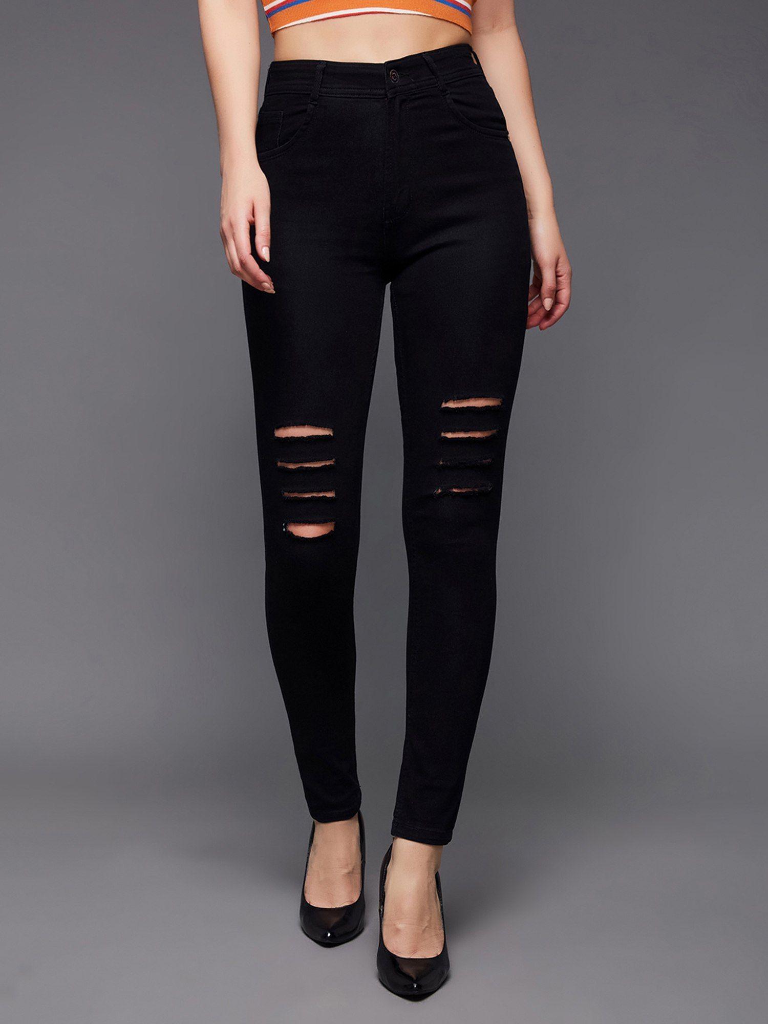 women black slim fit high rise mild distressed ripped stretchable denim jeans