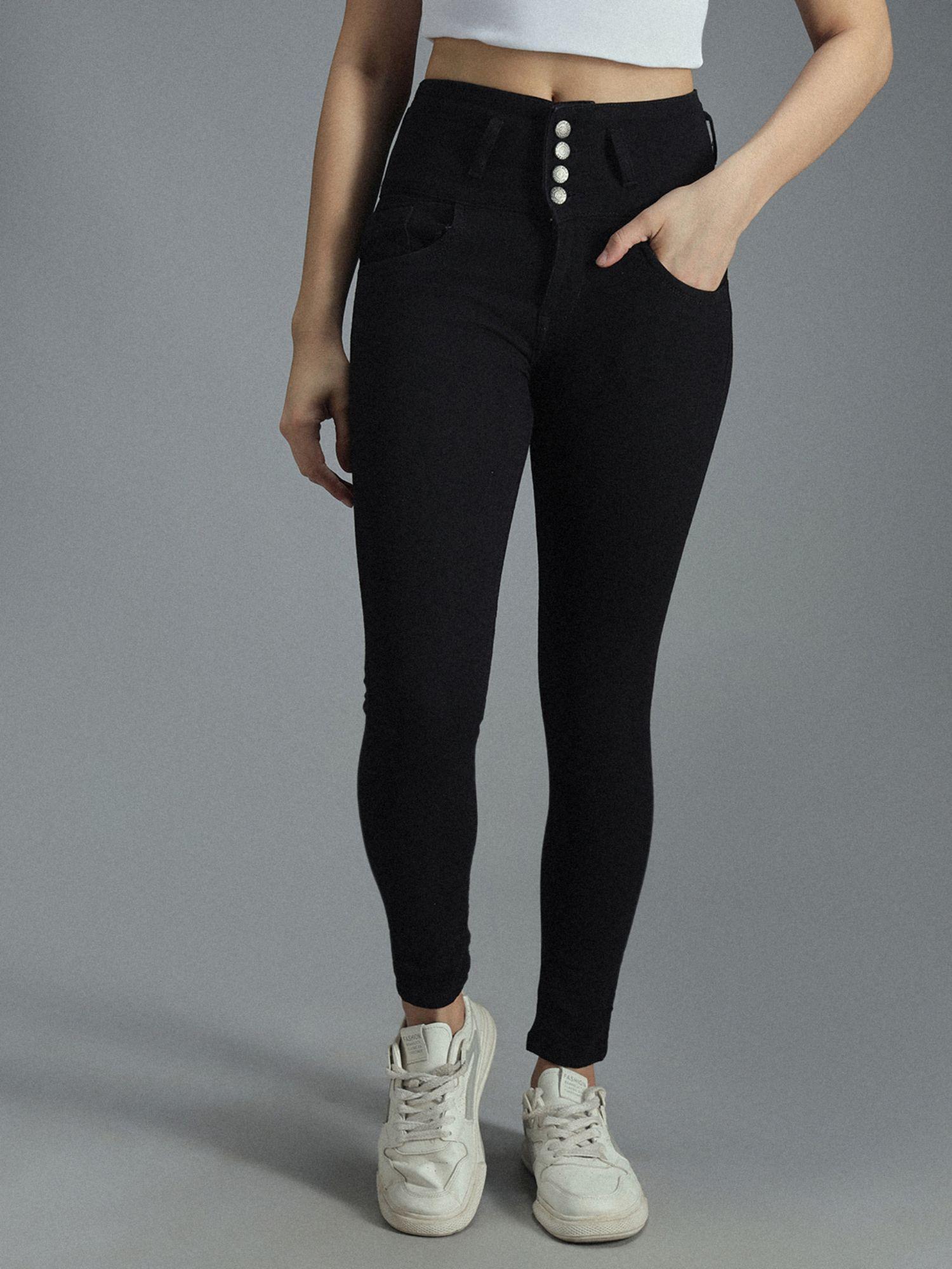 women black smart casual cotton regular fit high-rise jeans