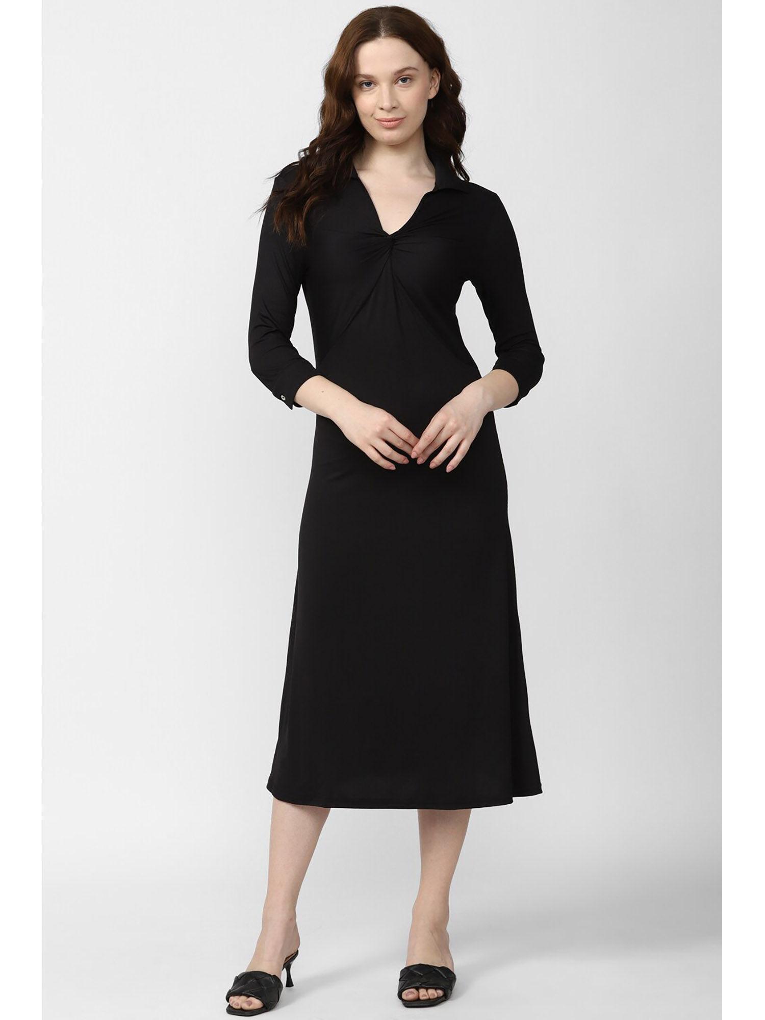women black solid calf-length party dress