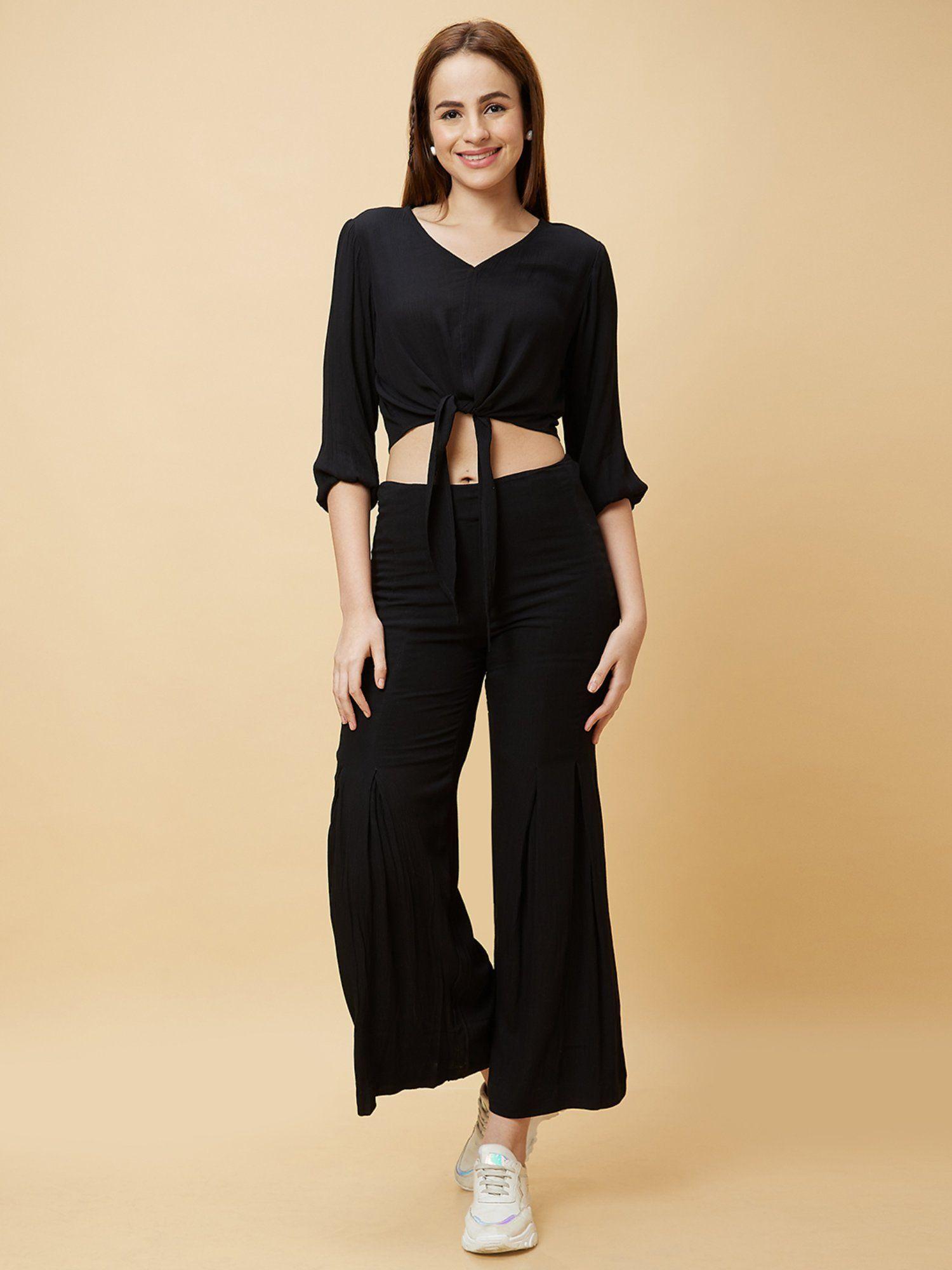 women black solid casual co-ord with crop top and palazzo (set of 2)