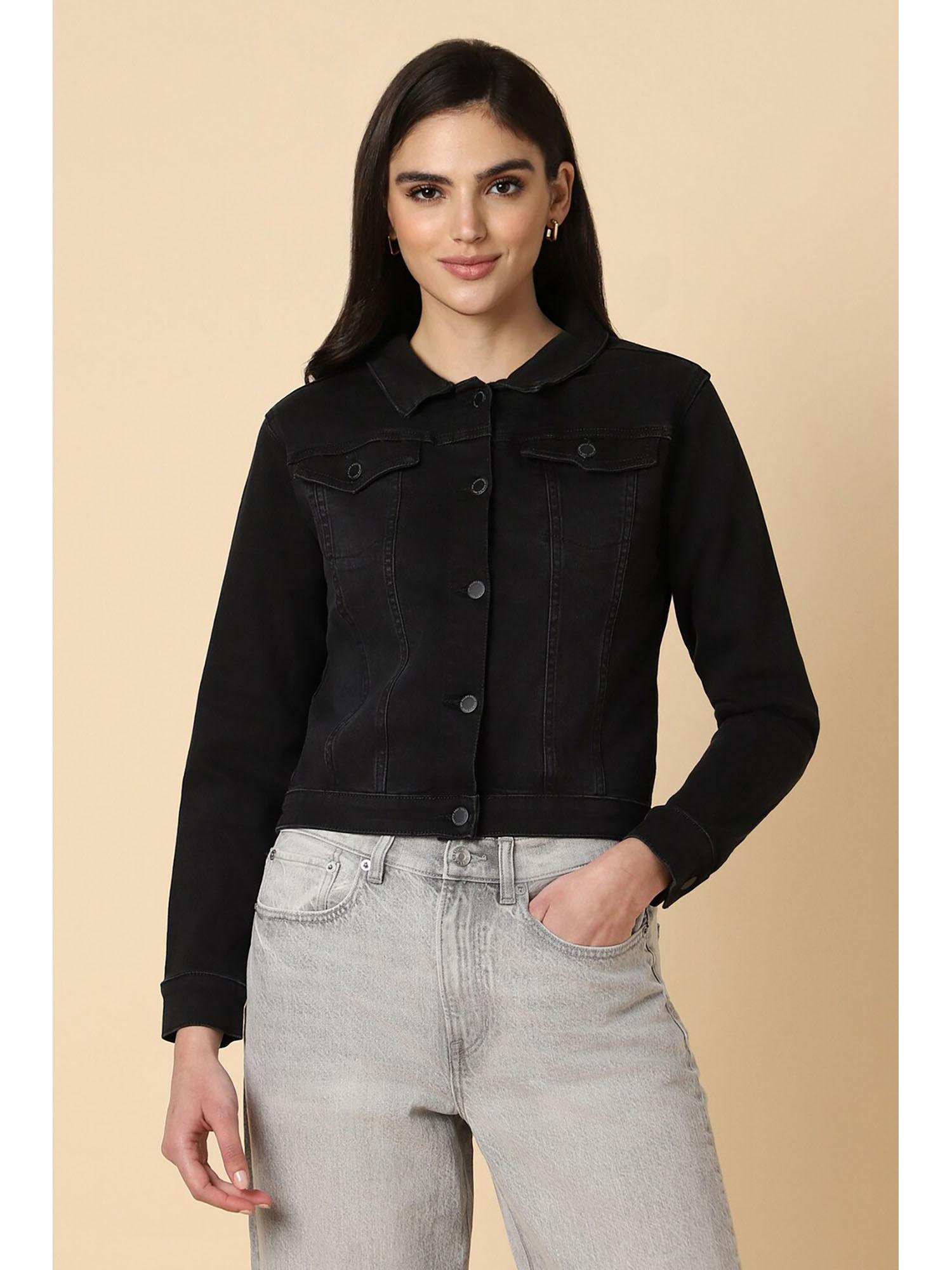 women black solid casual denim jacket