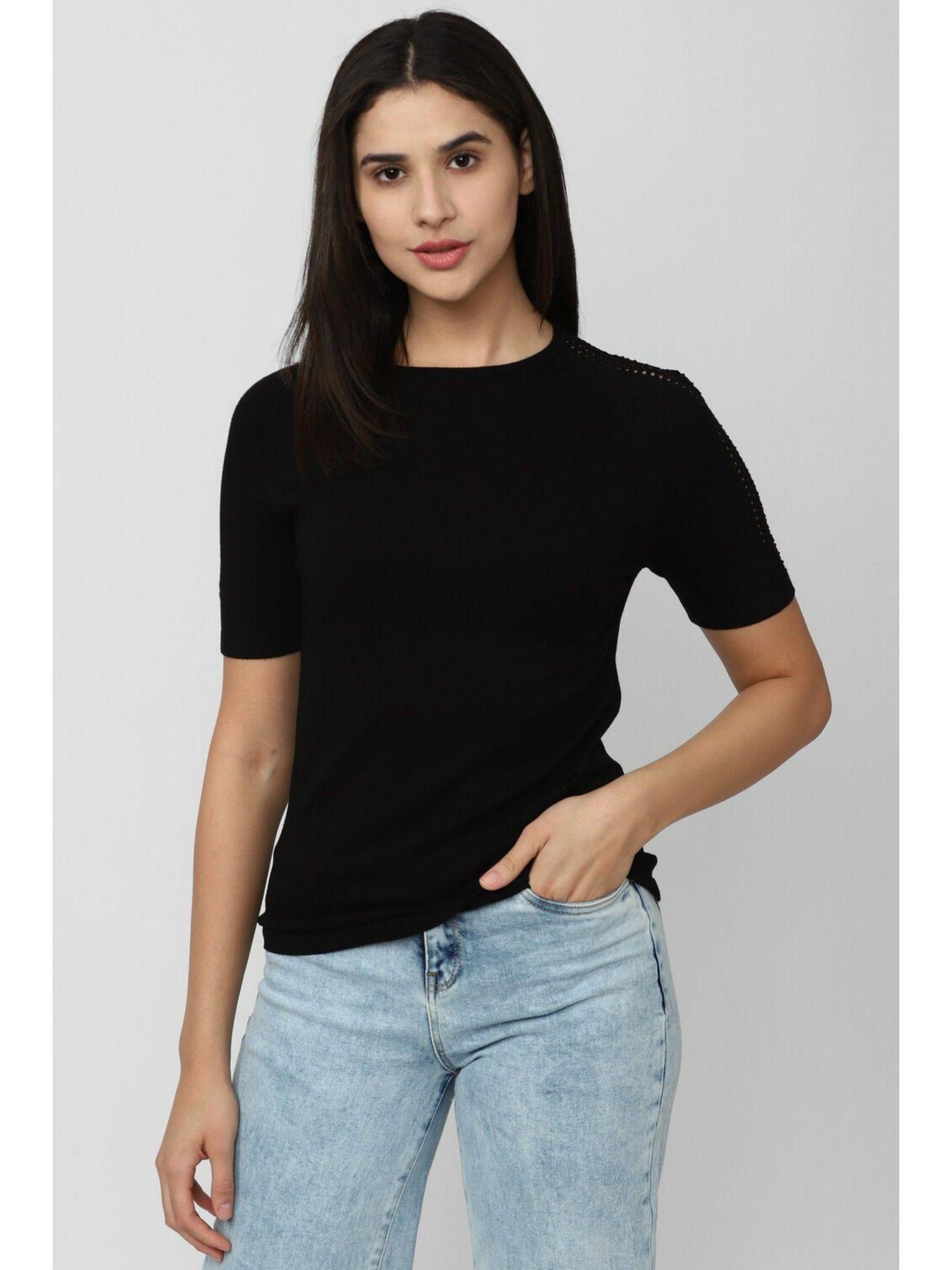 women black solid casual round neck top