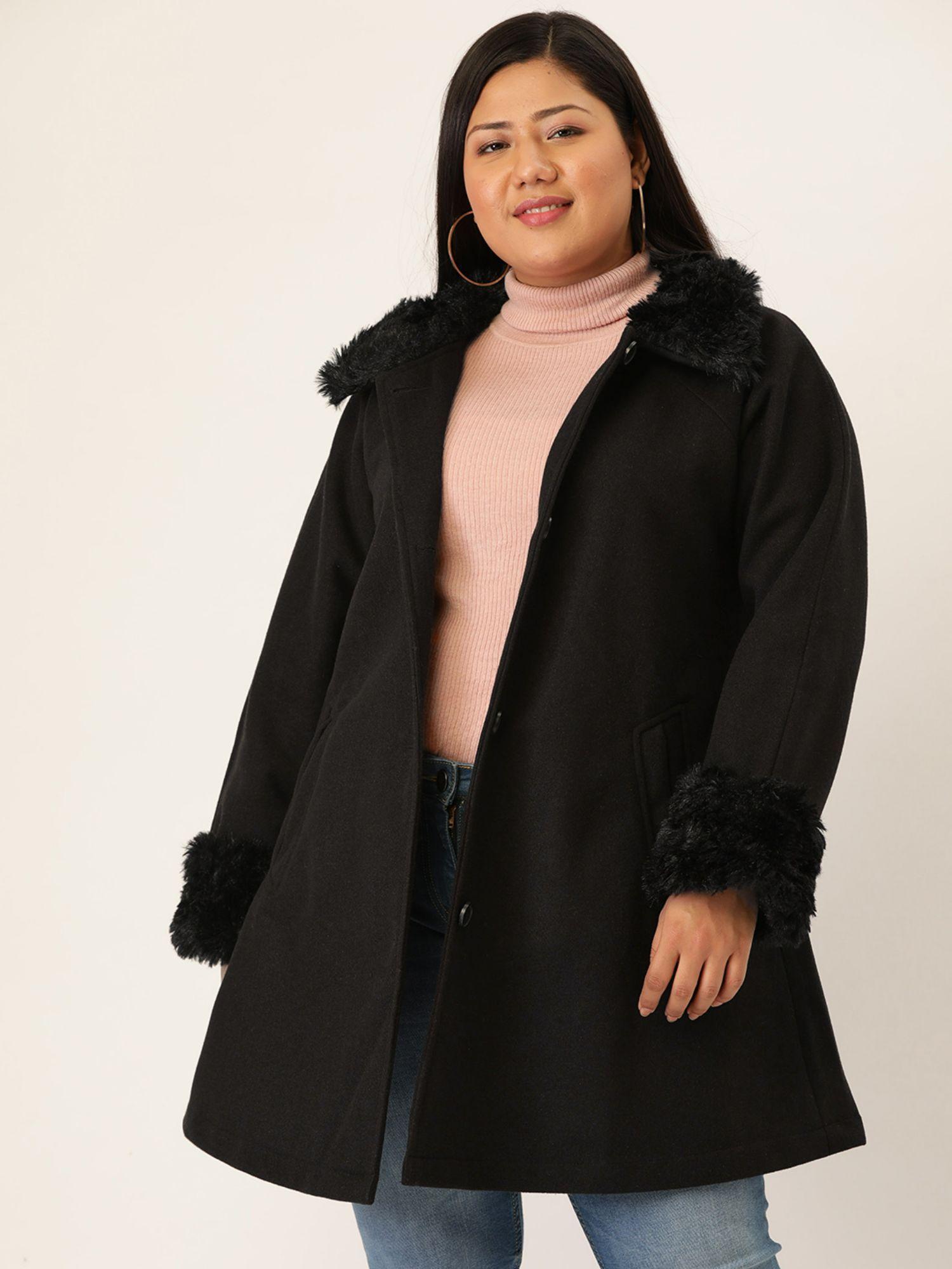 women black solid color spread collar with fur detail longline coat