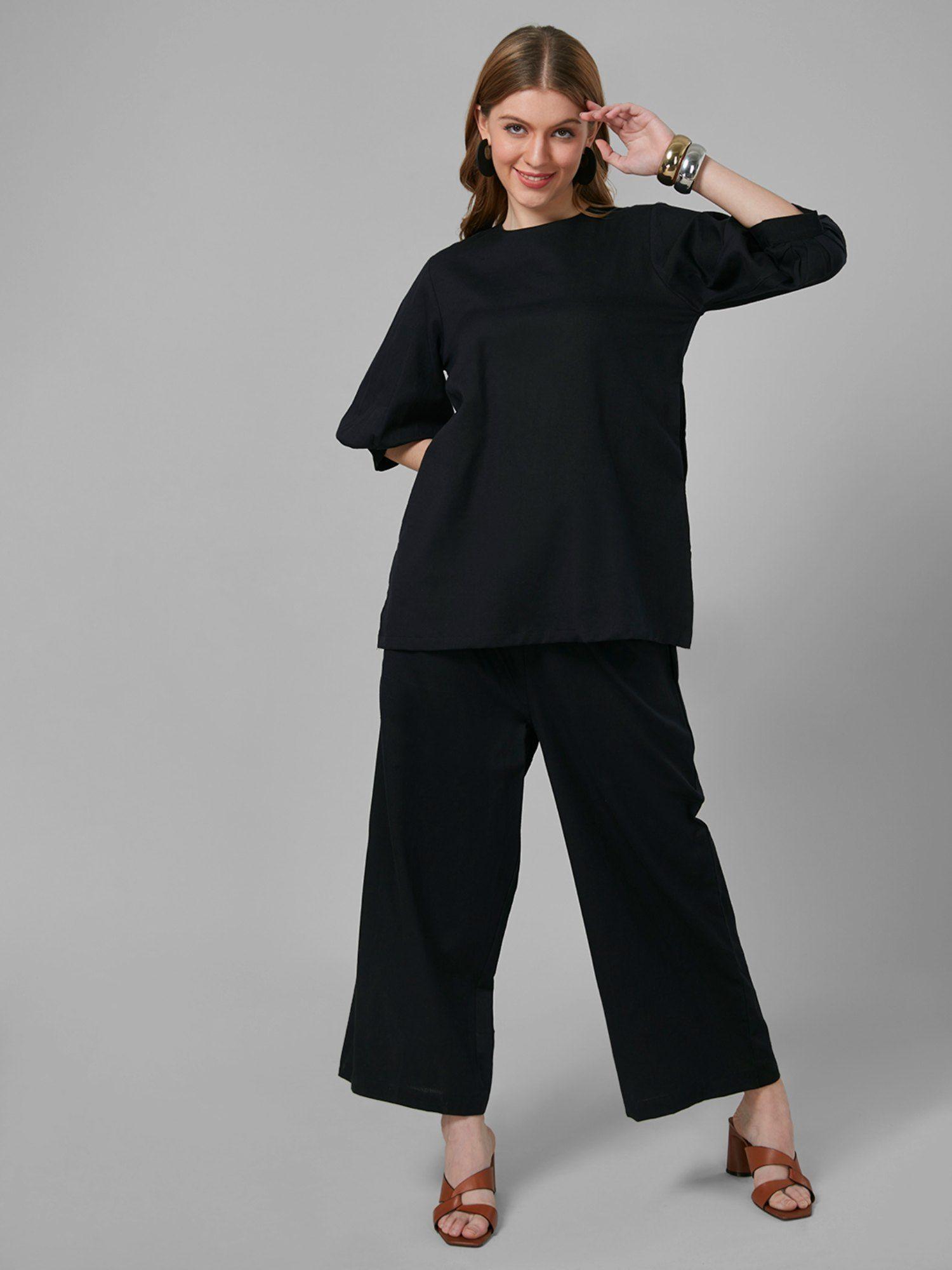 women black solid cotton rich relaxed fashionable co-ord set