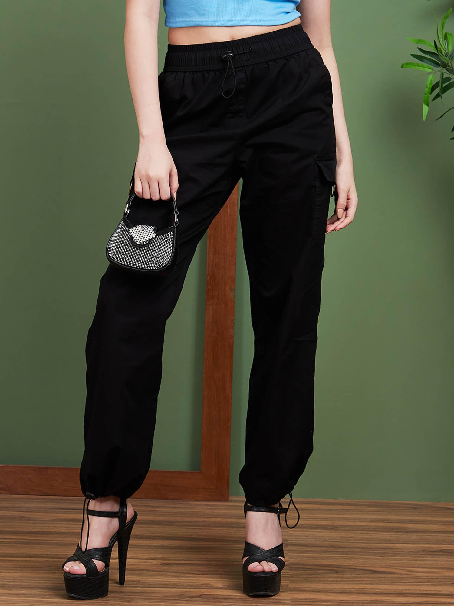 women black solid cotton straight fit casual cargo trousers