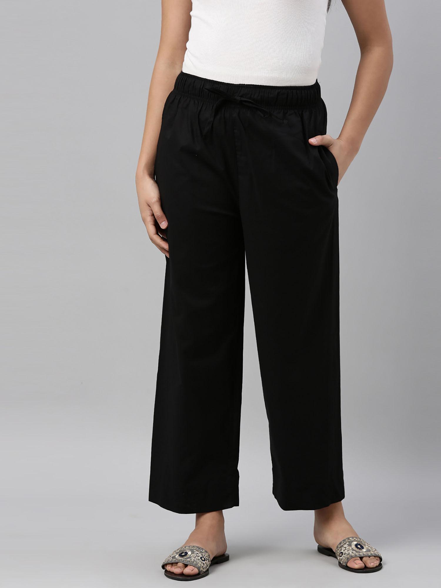 women black solid cotton wide leg pants