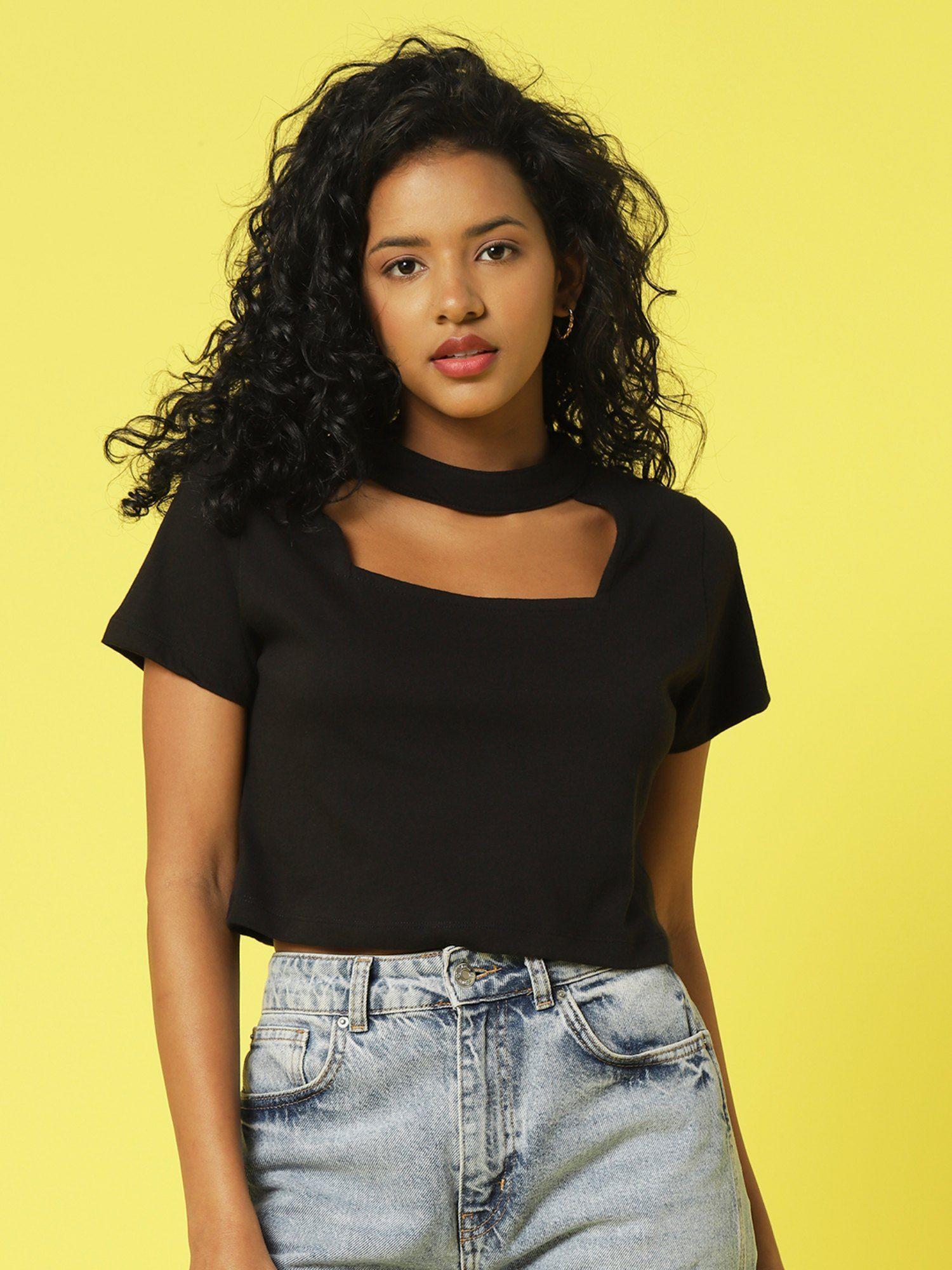 women black solid crop top with cutout detail