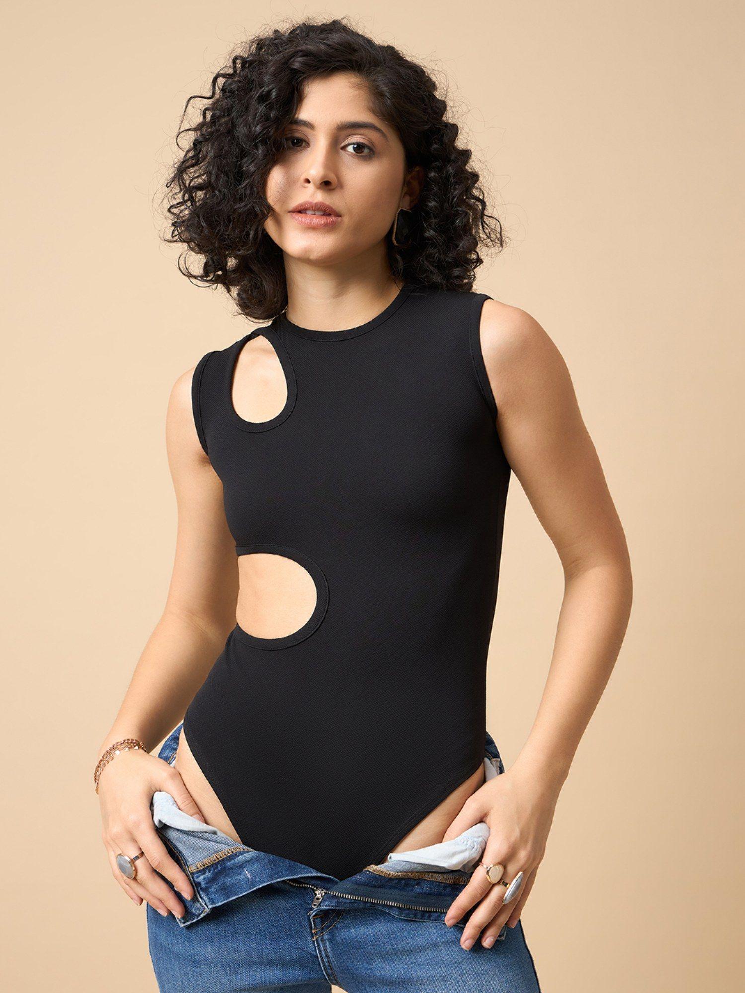 women black solid cut out detail bodysuit