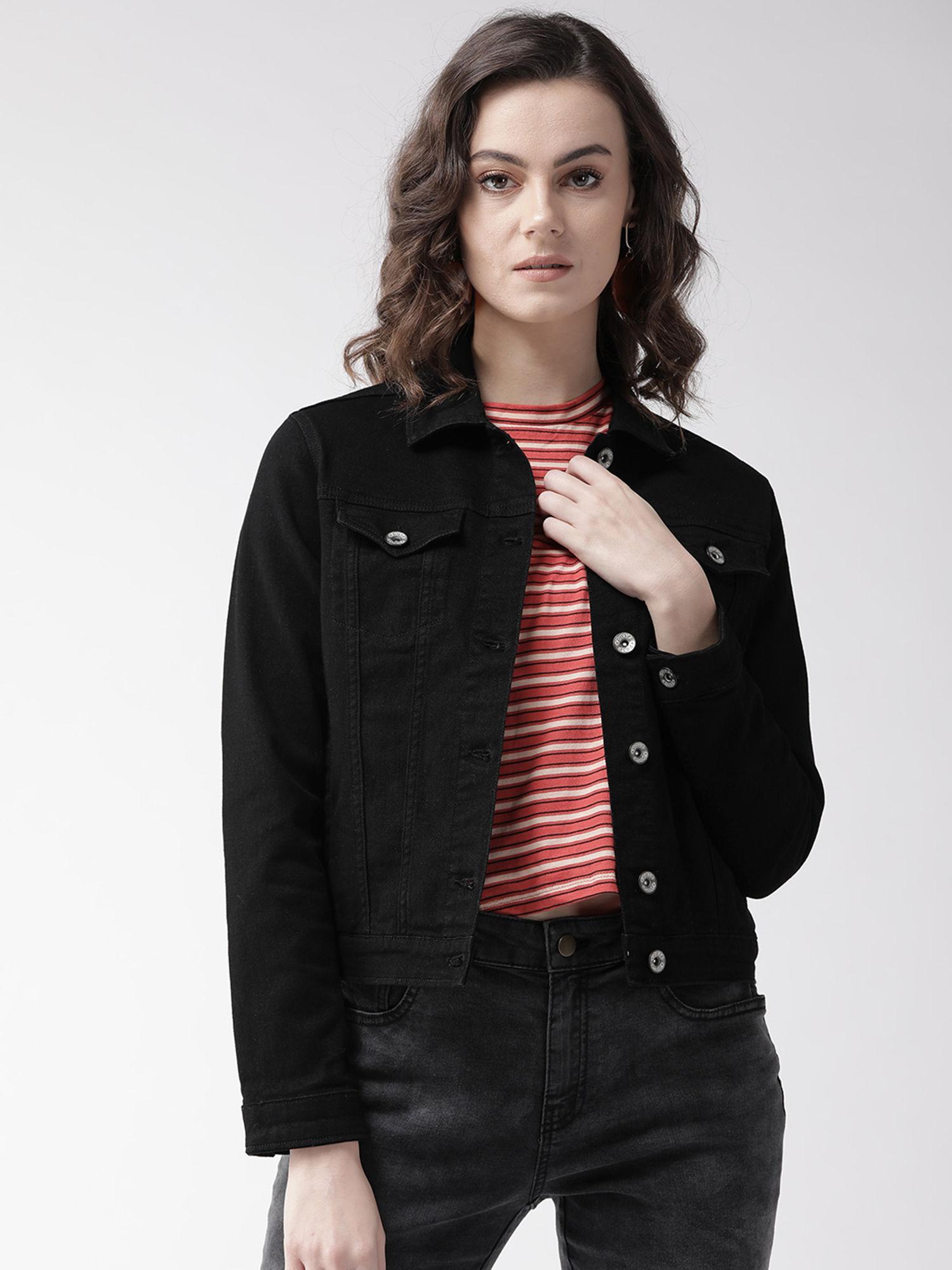 women black solid denim jacket