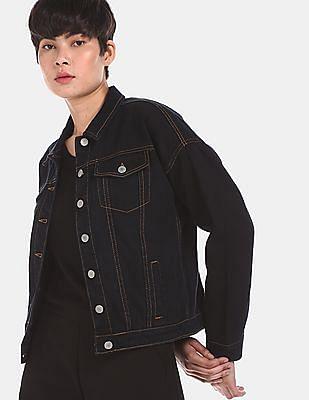 women black solid denim jacket