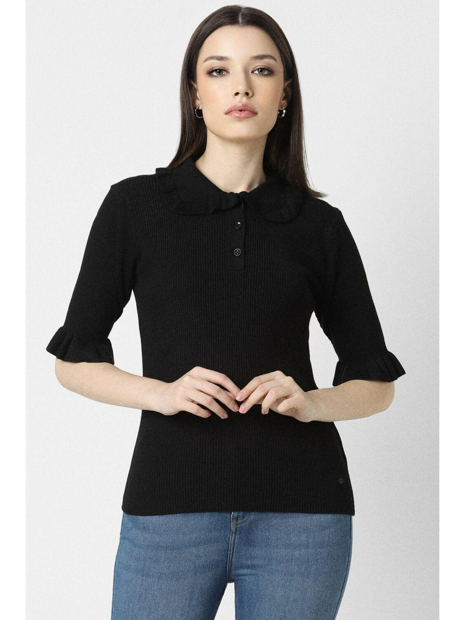 women black solid formal stylized neck top