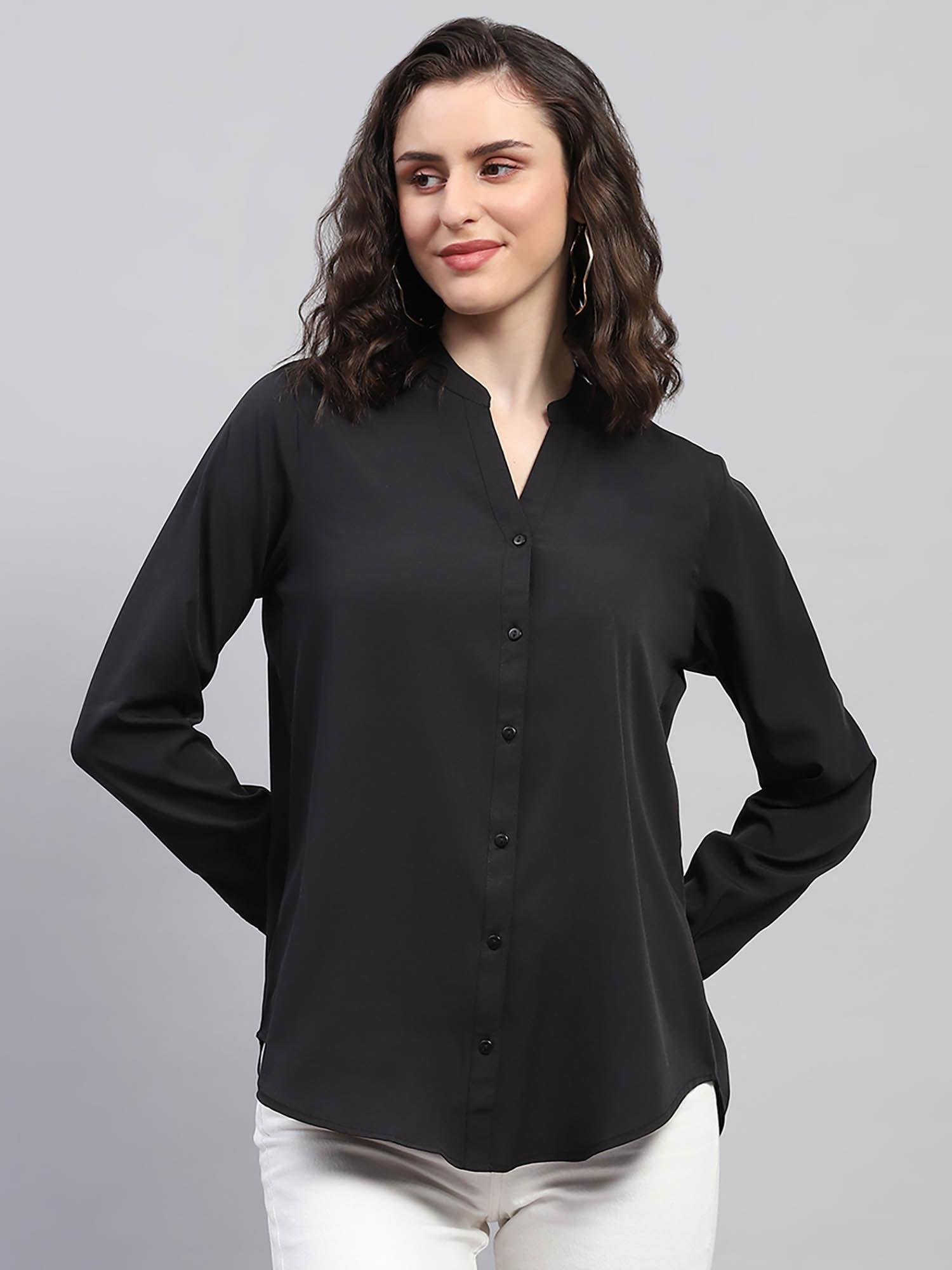 women black solid full sleeves mandarin neck shirt