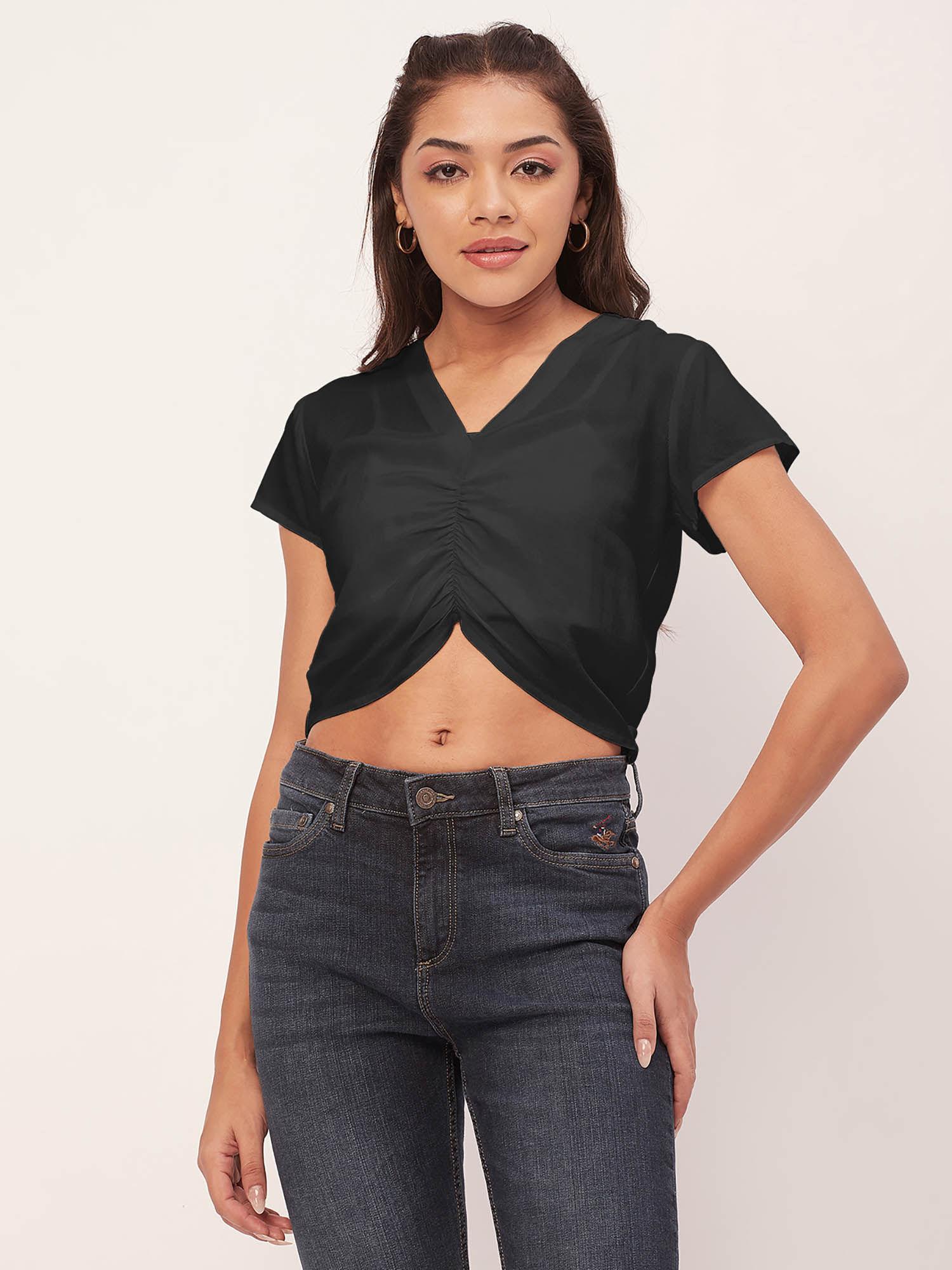 women black solid half sleeves crop top