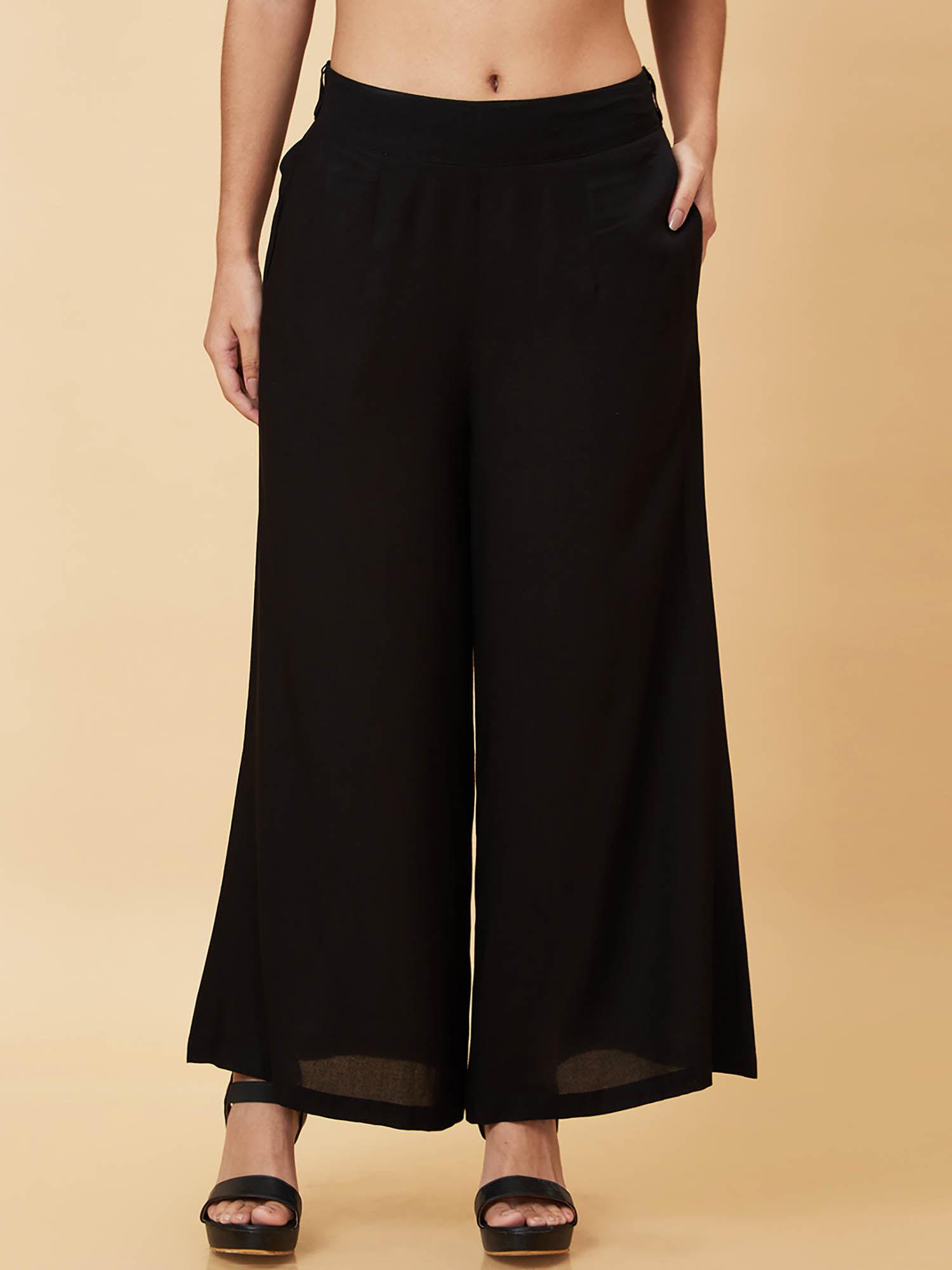 women black solid high-rise flared trouser