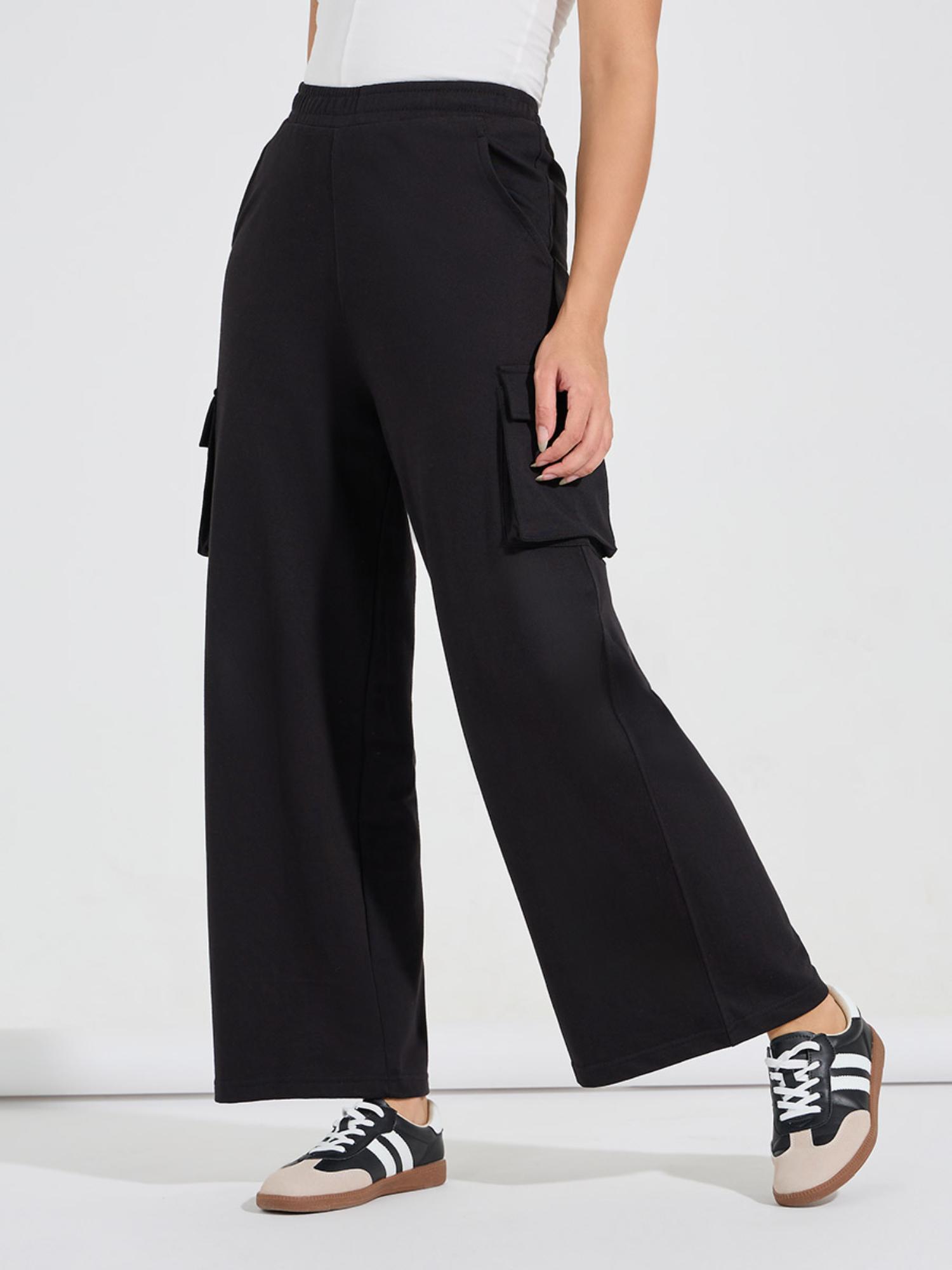 women black solid high waisted flared leg cargo pants