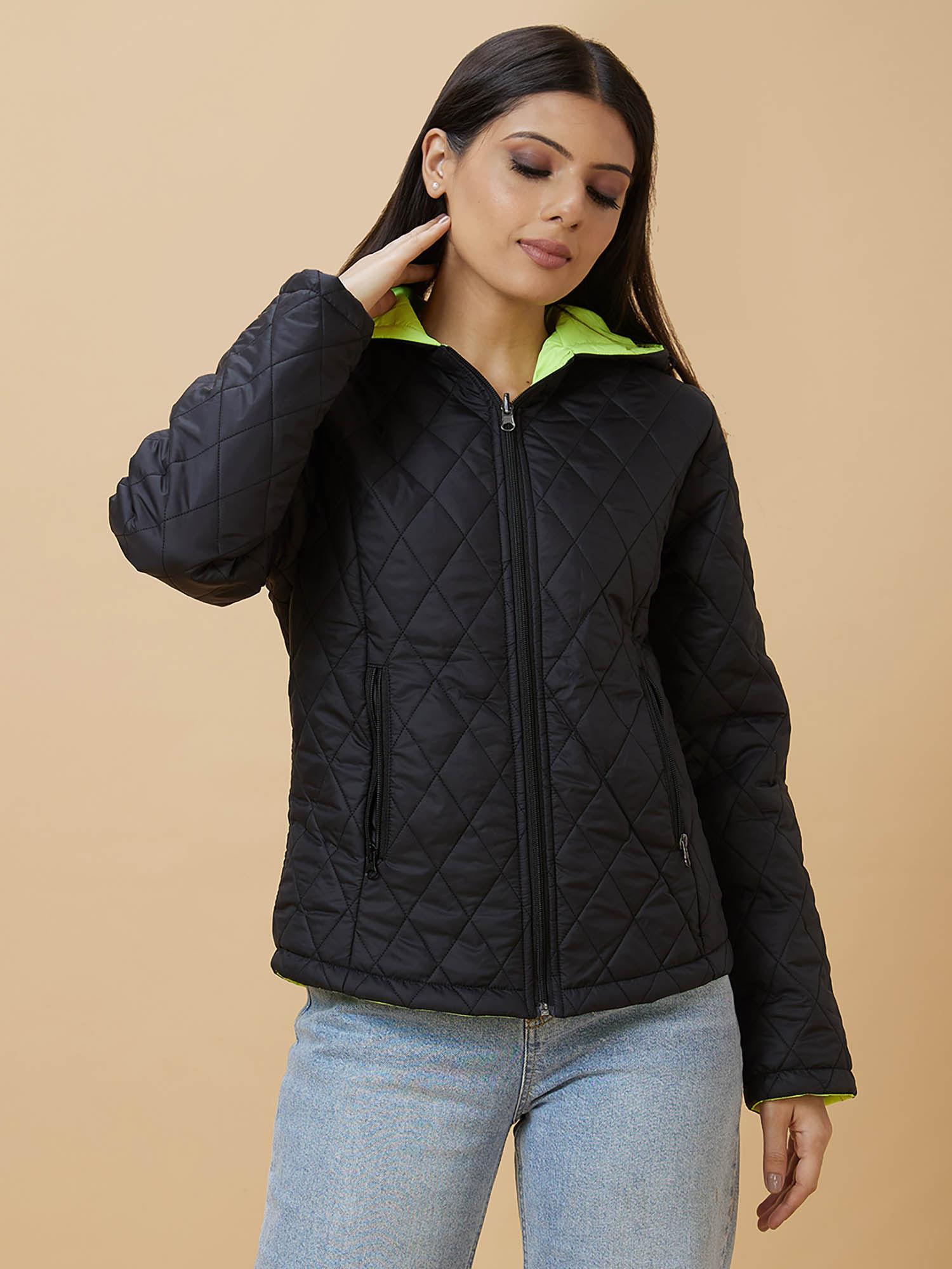 women black solid hooded reversible zip closure puffer jacket