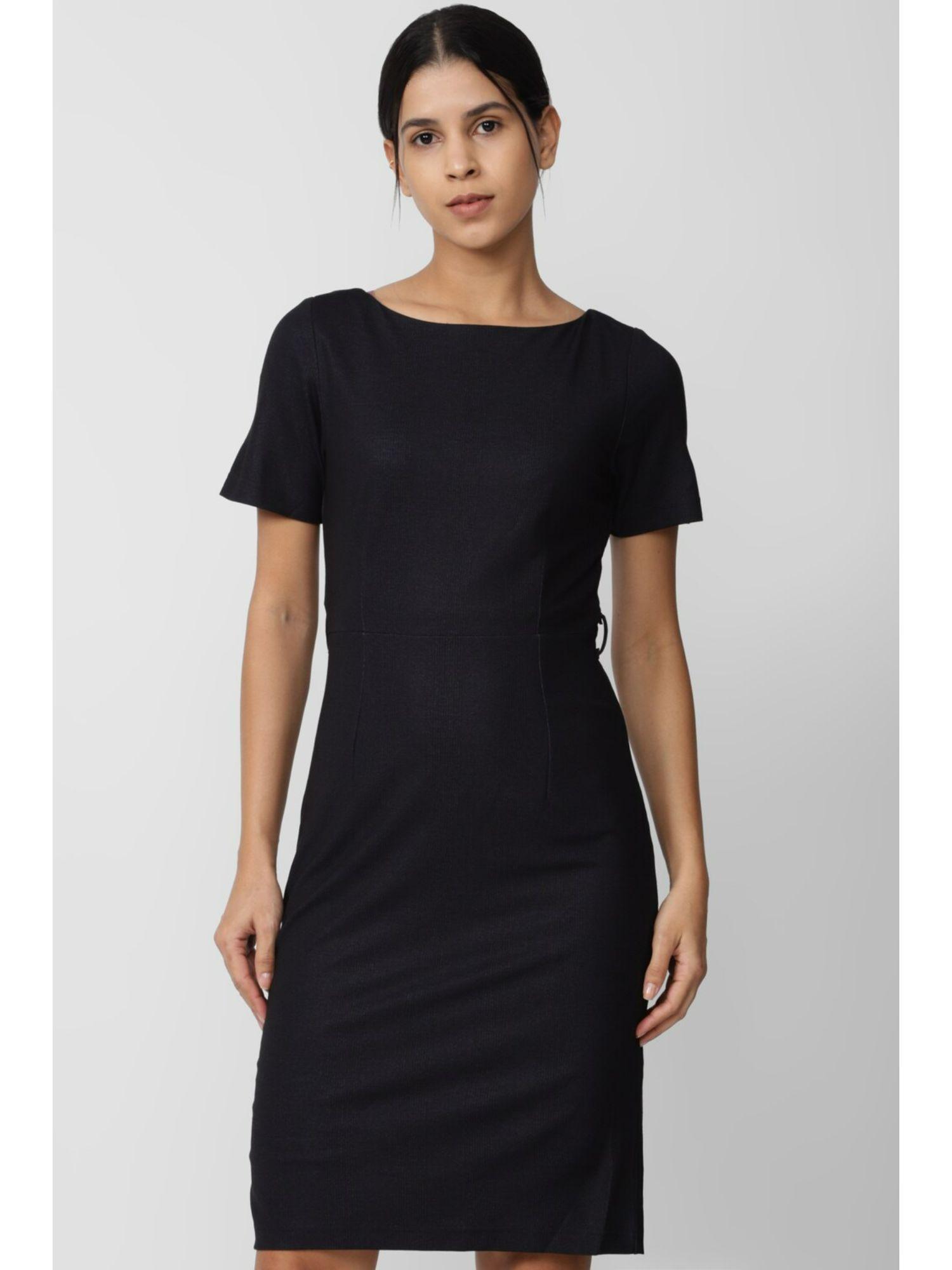 women black solid knee length formal dress