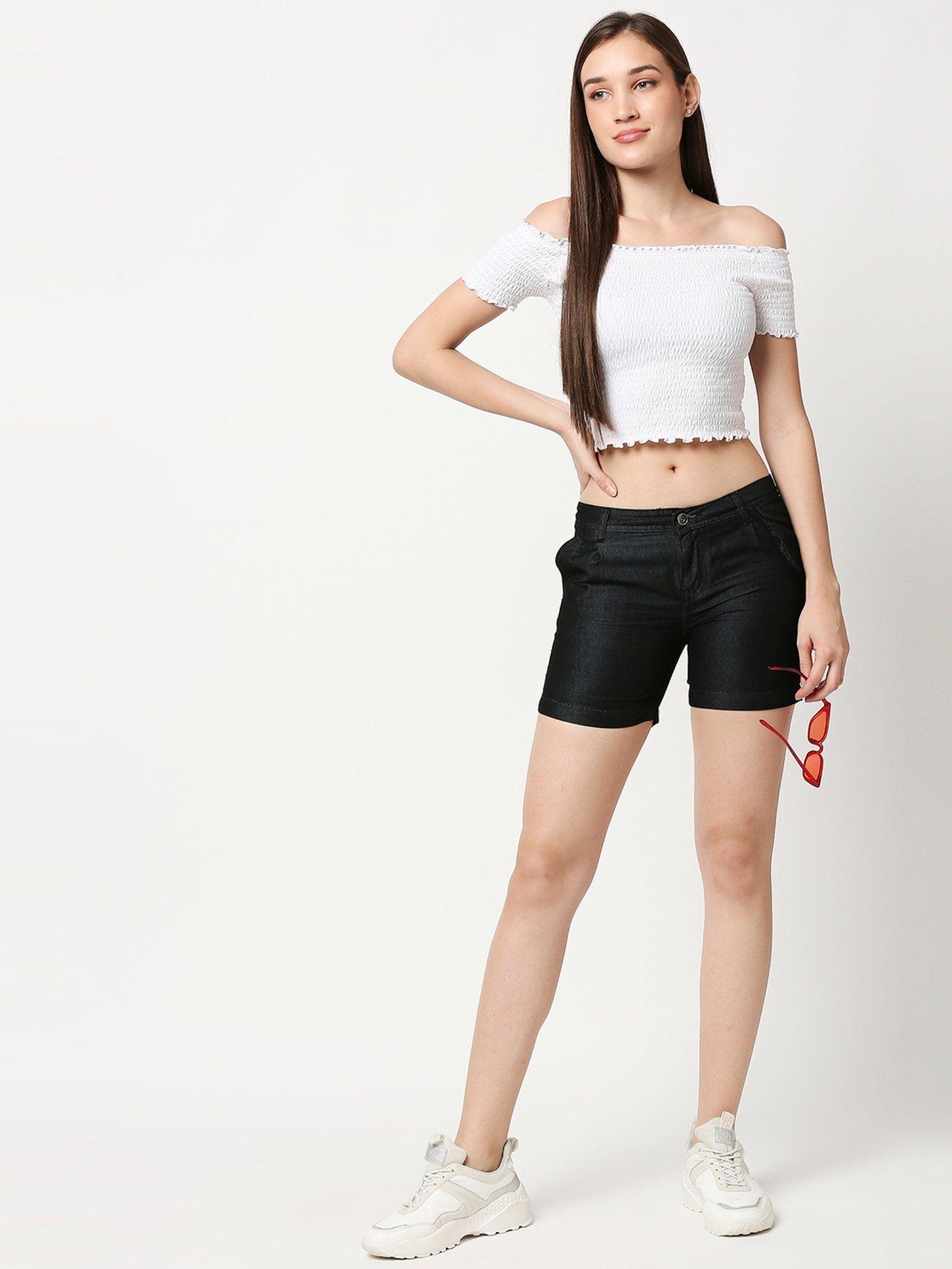 women black solid mid-rise denim shorts