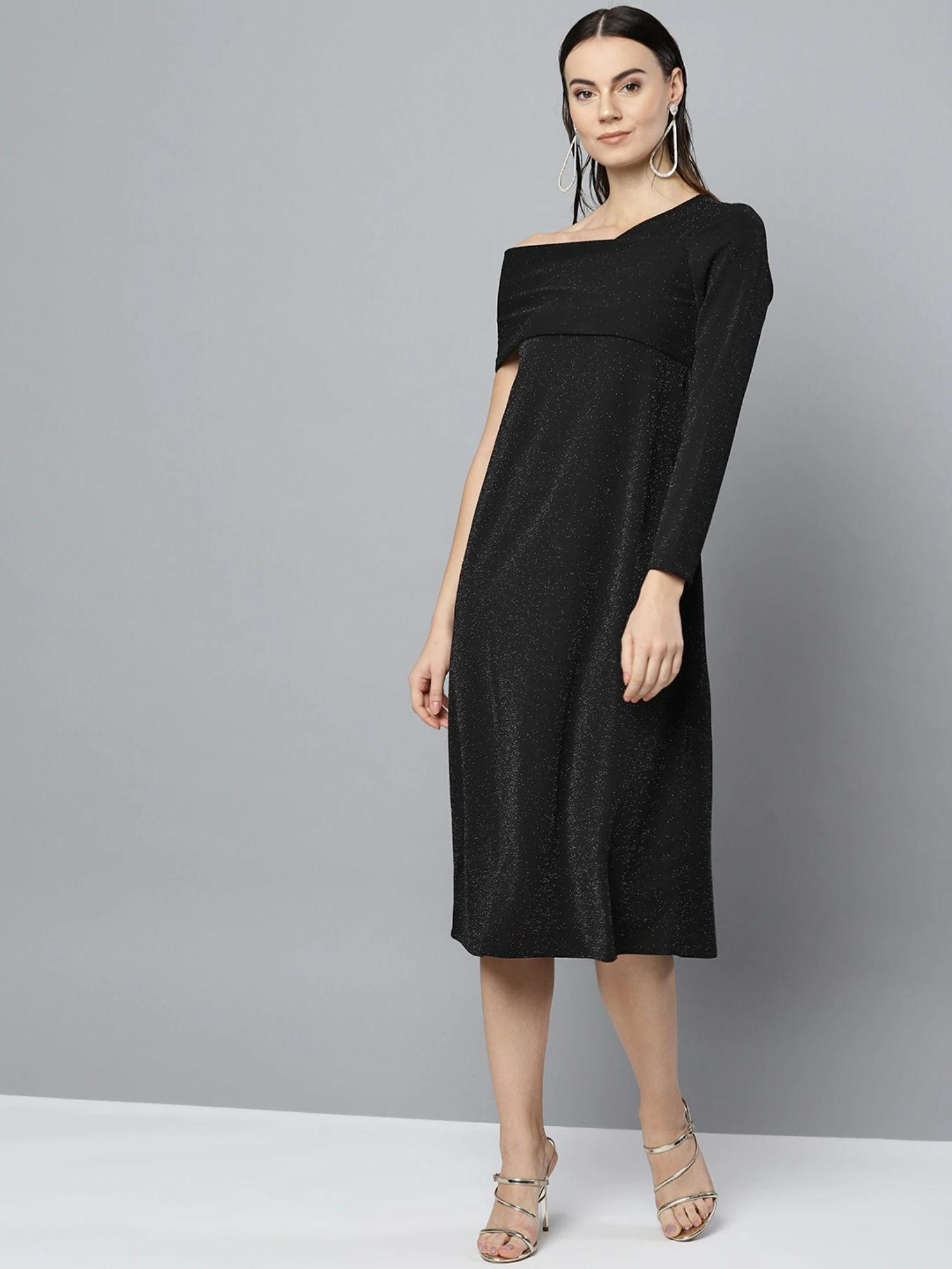 women black solid one-shoulder a-line dress with shimmer effect
